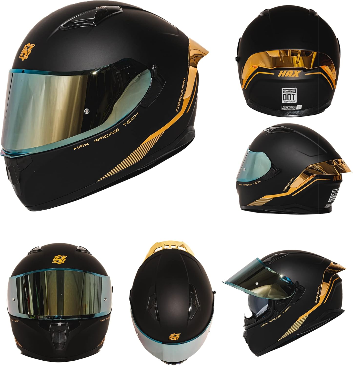 Alternative view of HAX Obsidian Full Face Dual Visor Adult Motorcycle Helmet for Motorbike Street Bike with Pinlock Ready DOT Approved Matte Black Gold L