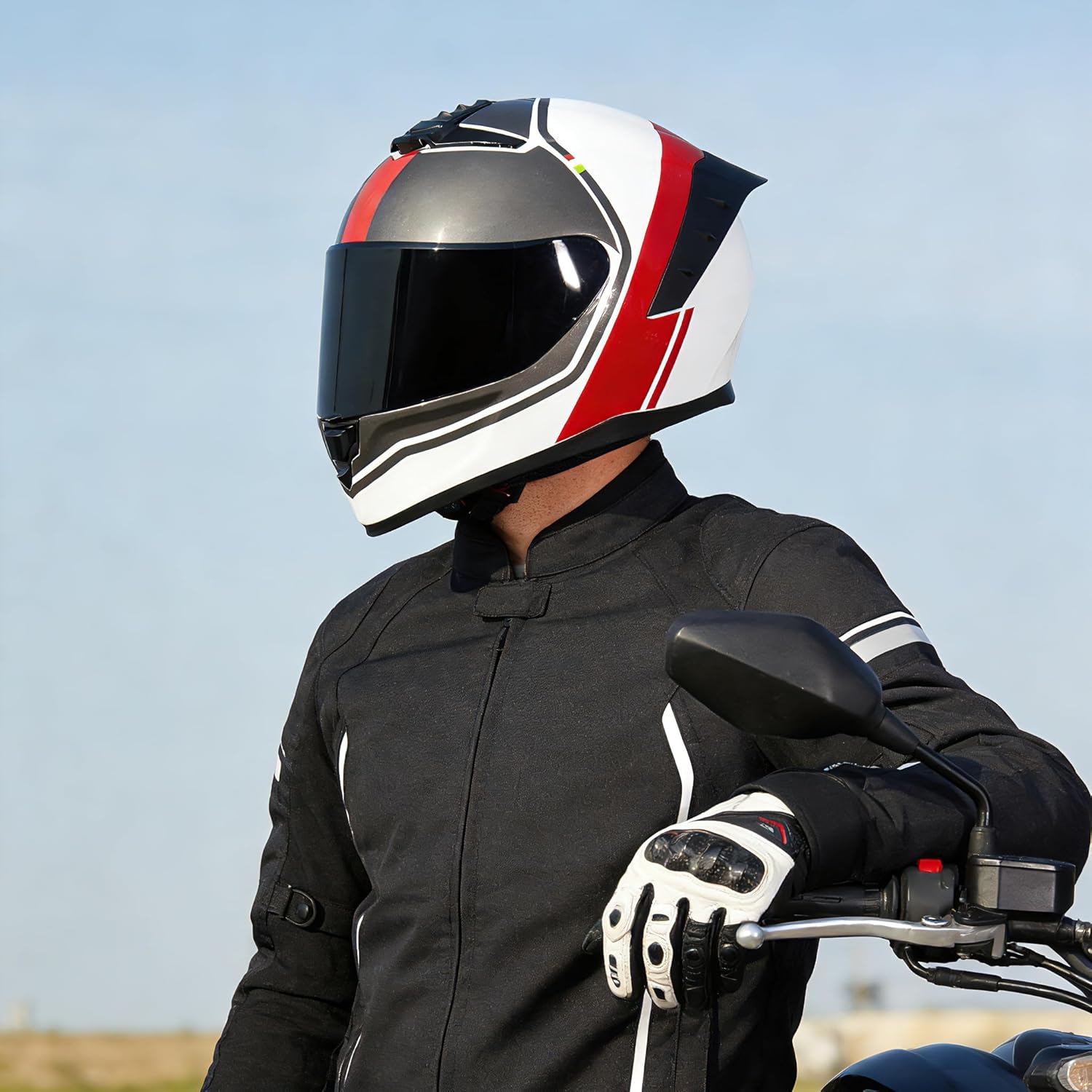 Full Face Motorcycle Helmet,Helmets for Adults Motorcycle, MG611 Motorbike Racing Street Bike Helmets with Black Visor for Men Women,DOT Approved (Glossy Red Gray Lines, M)