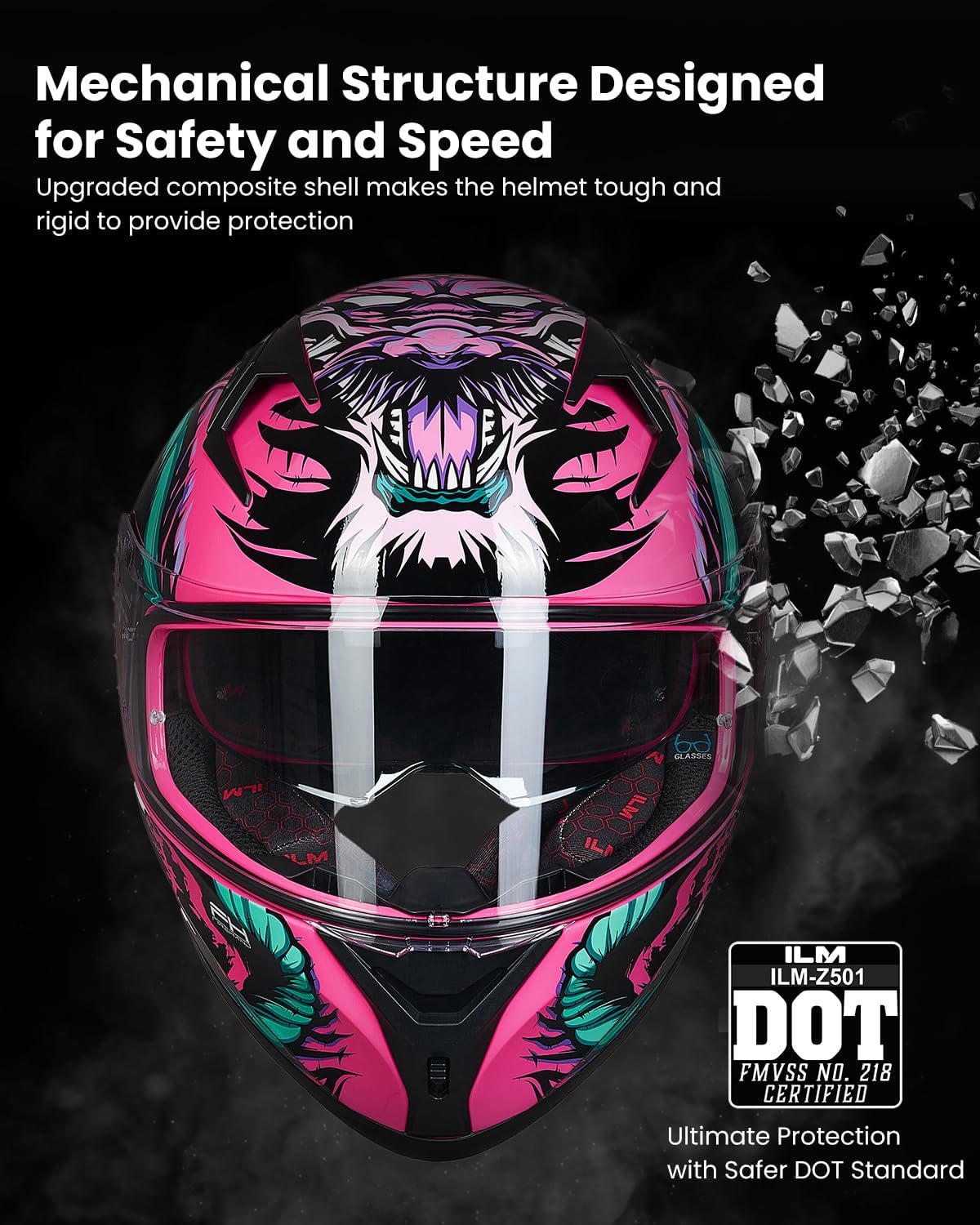 ILM Motorcycle Helmet Full Face with Pinlock Compatible Clear&Tinted Visors and Fins Street Bike Motocross Casco DOT Model Z501(Legend Pink, Large)
