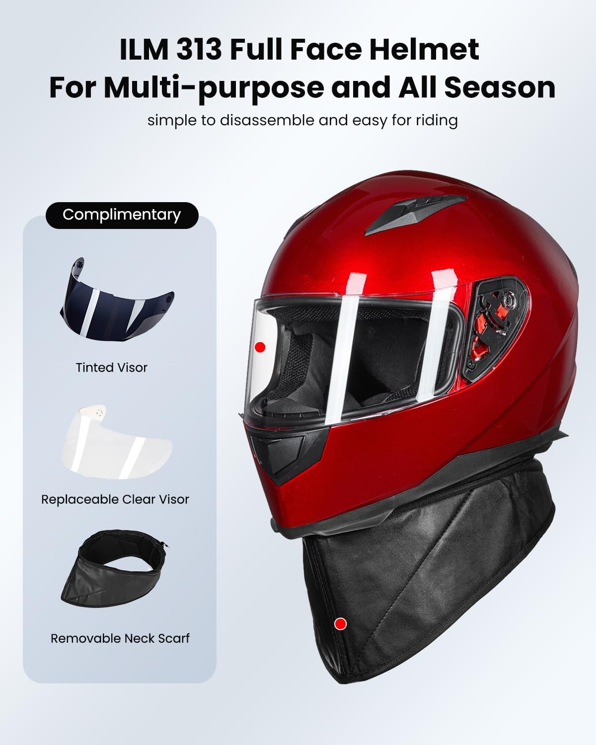 ILM Full Face Motorcycle Street Bike Helmet with Removable Winter Neck Scarf + 2 Visors DOT Model ILM-313 (XL, Bright Red)