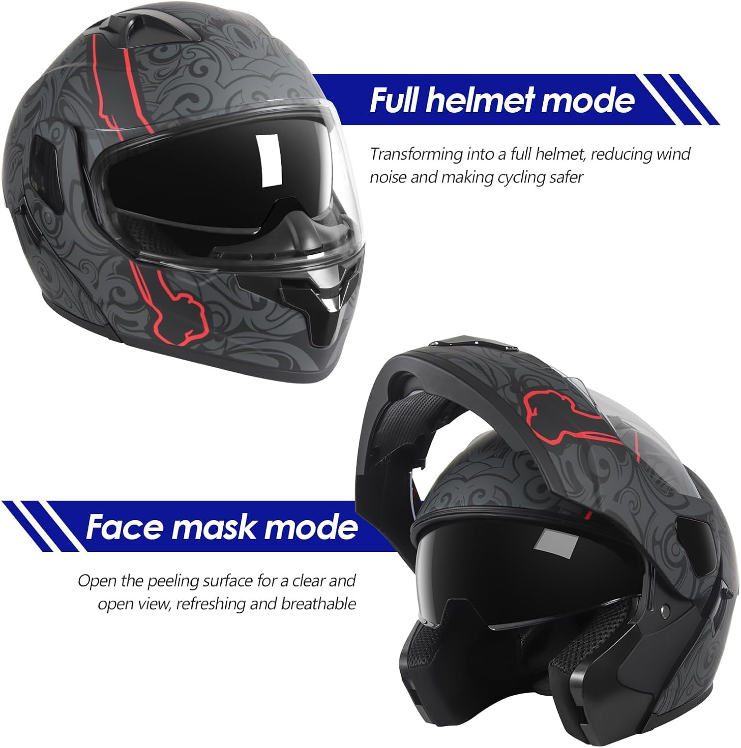DOT Approved Full Face Modular Flip-Up Dual Visor Motorcycle Helmet for Men Women, Lightweight ABS Shell & Ventilated, Street Bike ATV