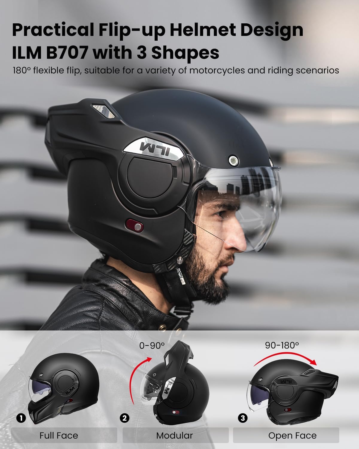 ILM Vintage Full Face Modular Motorcycle Helmet for Adults Men ATV UTV Snowmobile with 180° Reversible Chin Guard DOT ILM-B707(Matte Black, L)