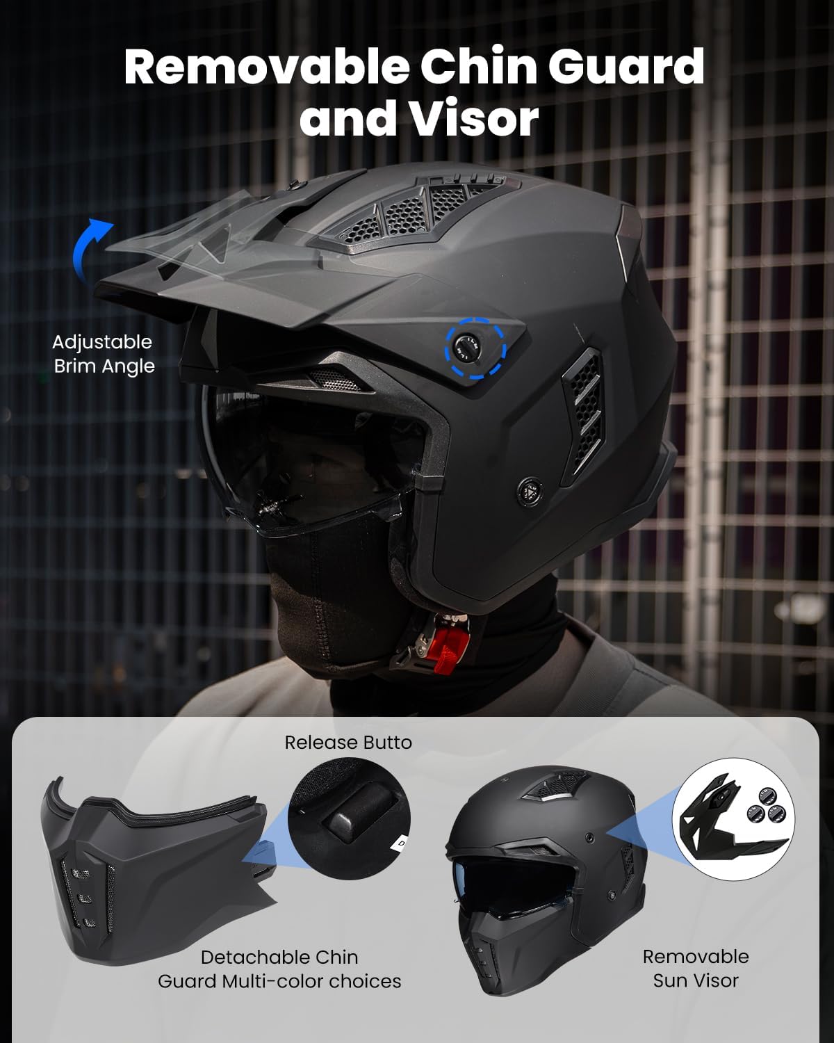 ILM Open Face Motorcycle 3/4 Half Helmet for Men and Women, Vintage Retro Helmet with Visor for Moped ATV Cruiser Scooter DOT Model Z302(Matte Black,Large)