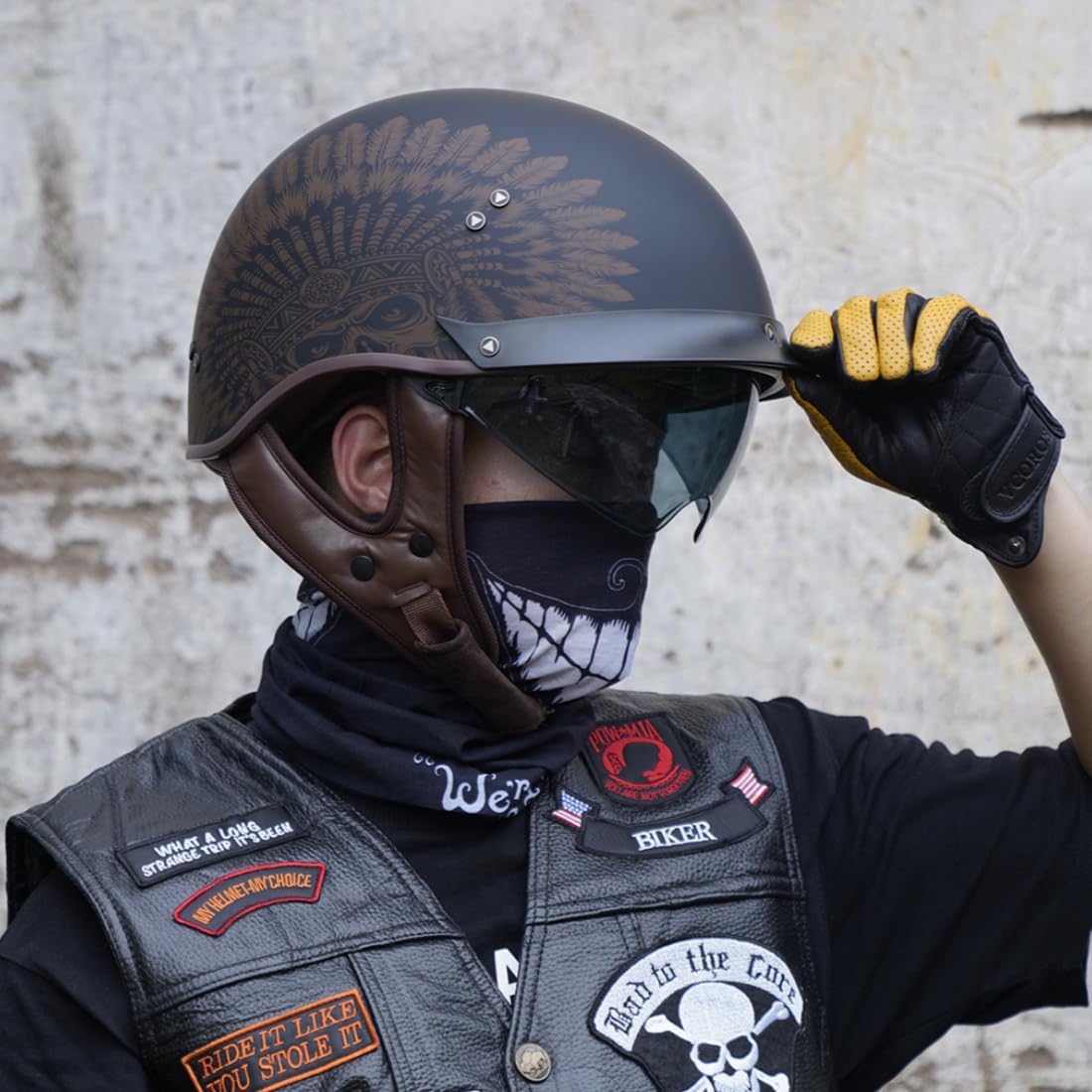 Motorcycle Half Helmet Sun Visor Quick Release Buckle DOT Approved Half Face Helmets for Men Women (F02-Indian, M)