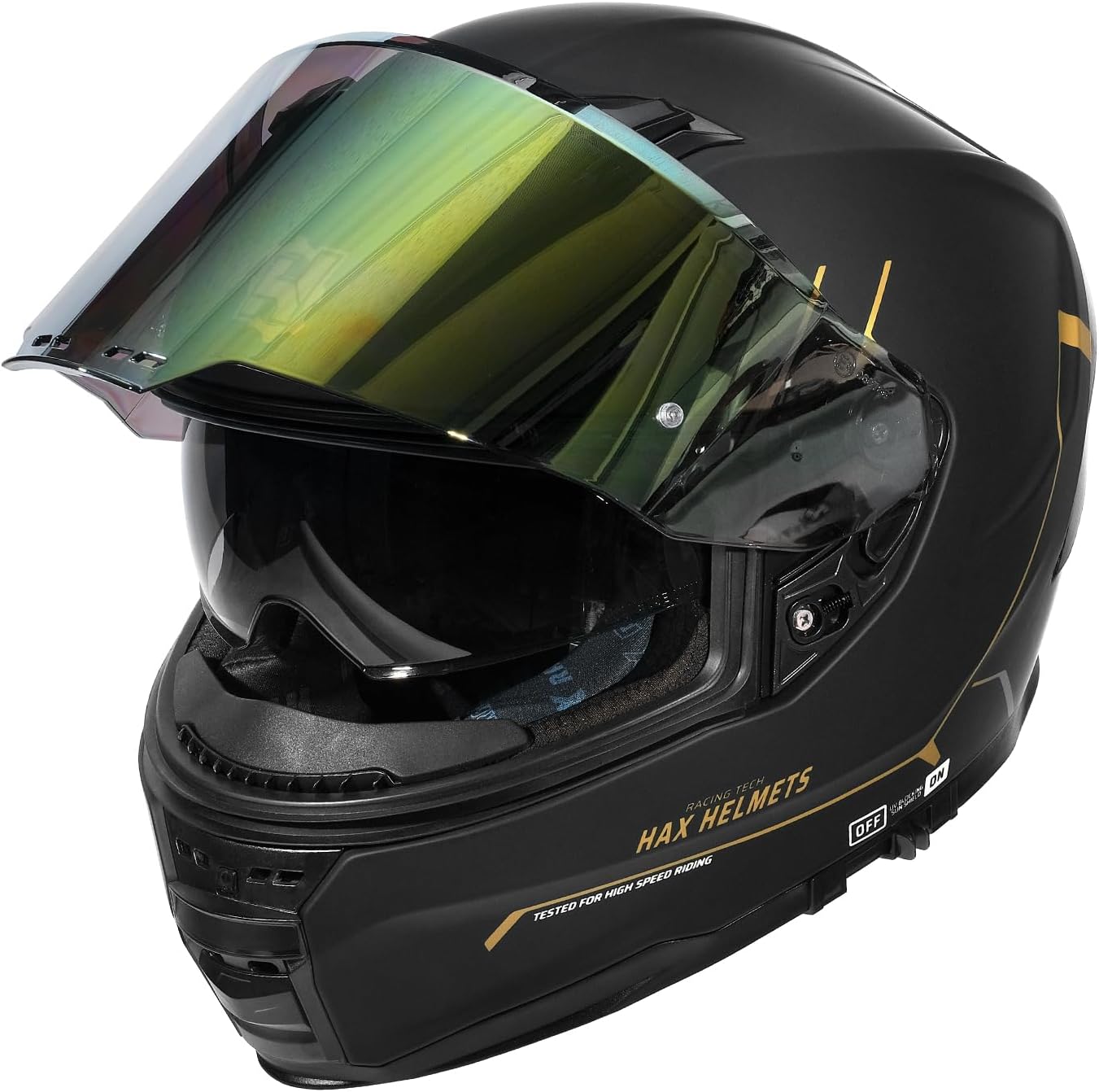 HAX Force Aerodynamic Full Face Helmet for Street & E-Bikes DOT & ECE Certified - Enhanced Dual Visor, Adult Size, Pinlock Ready Matte Black Gold L