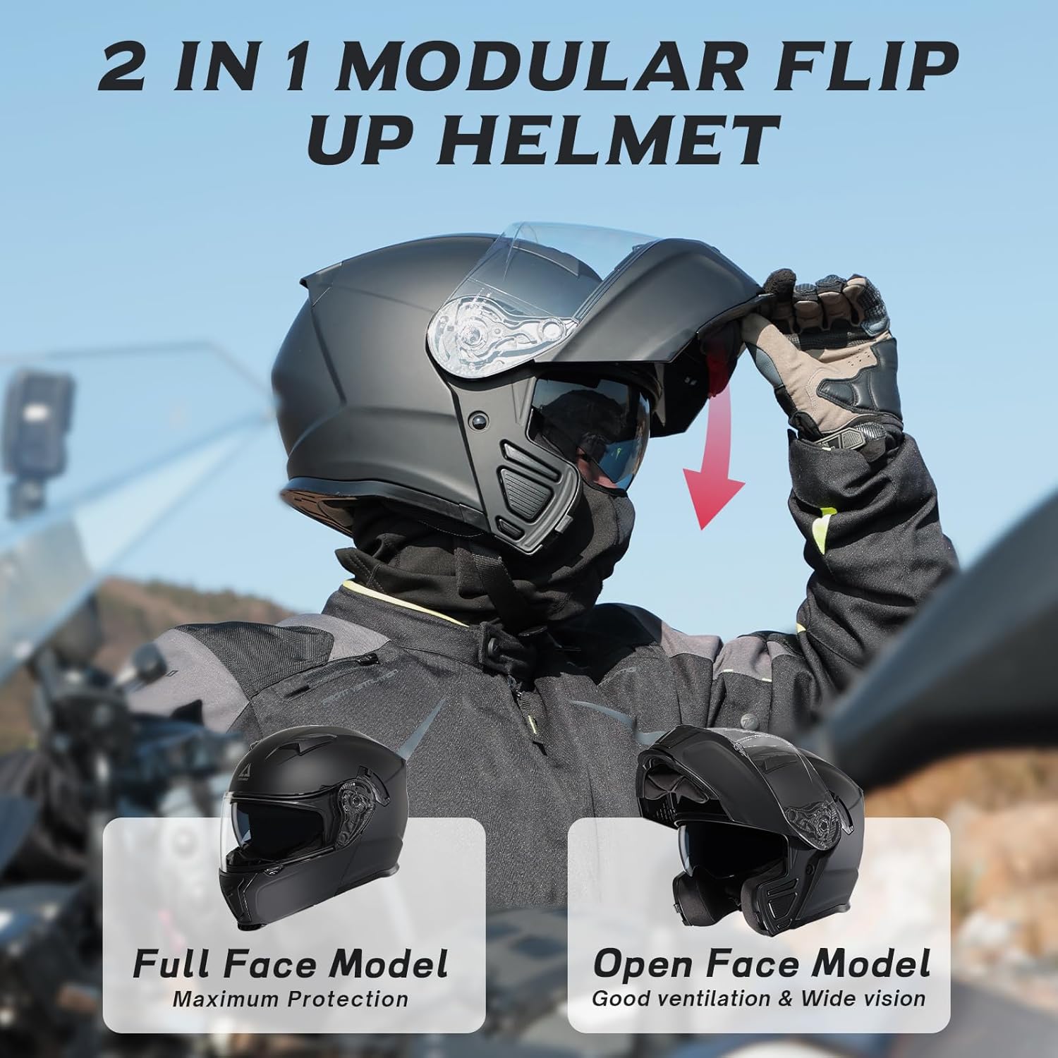 TRIANGLE Modular Motorcycle Helmets for Men Flip Up Full Face Helmet Dual Visor with Internal Sunshield DOT Approved