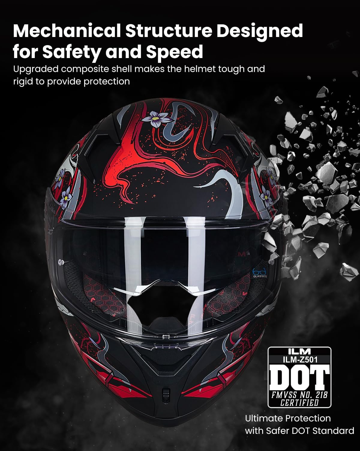ILM Motorcycle Helmet Full Face with Pinlock Compatible Clear&Tinted Visors and Fins Street Bike Motocross Casco DOT Model Z501(Armor Red, Large)