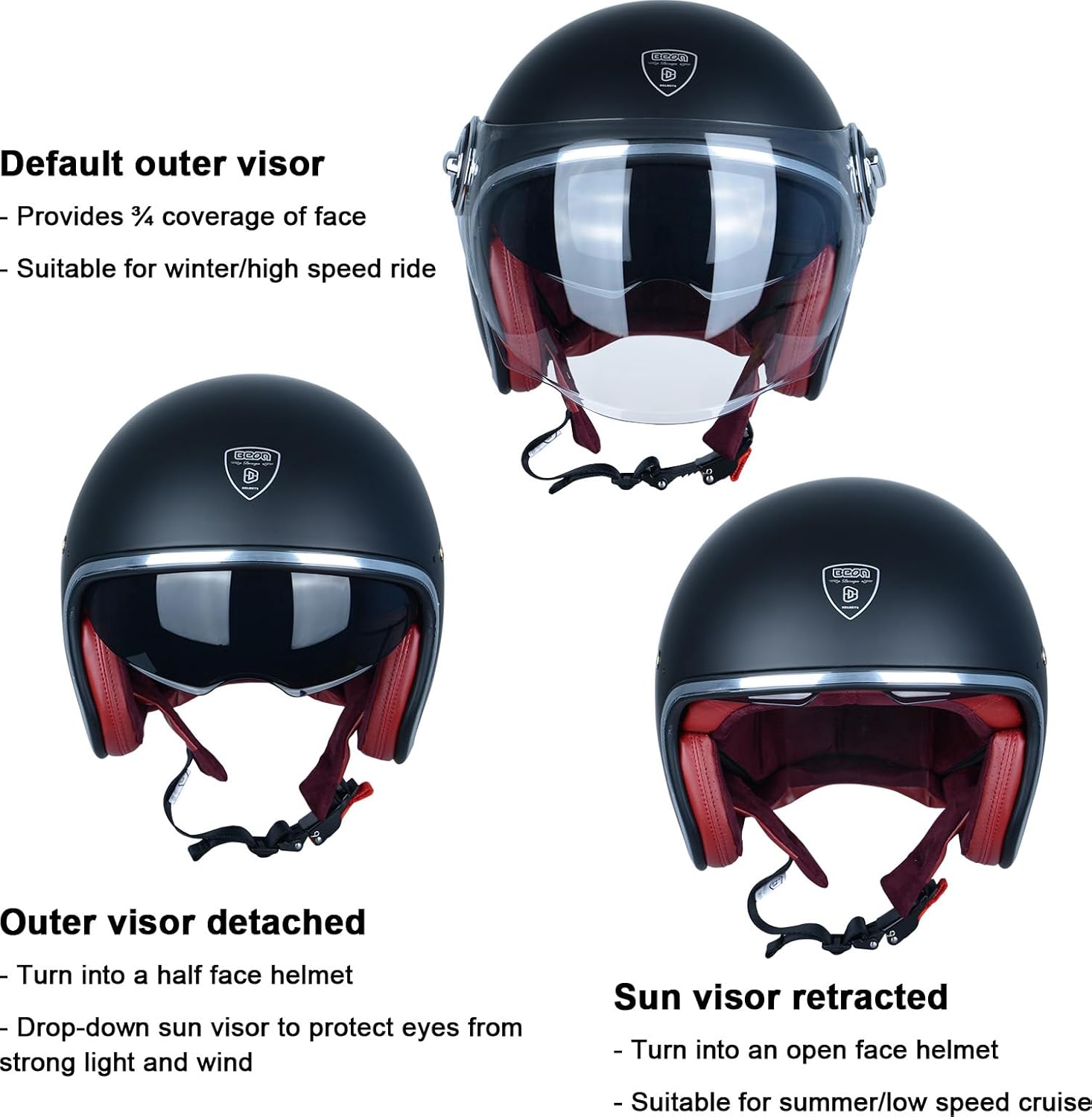 Alternative view of Open Face Motorcycle Helmet for Adults, DOT Approved,Moped 3/4 Half Vespa Vintage Helmet with Dual Visors for Men and Women