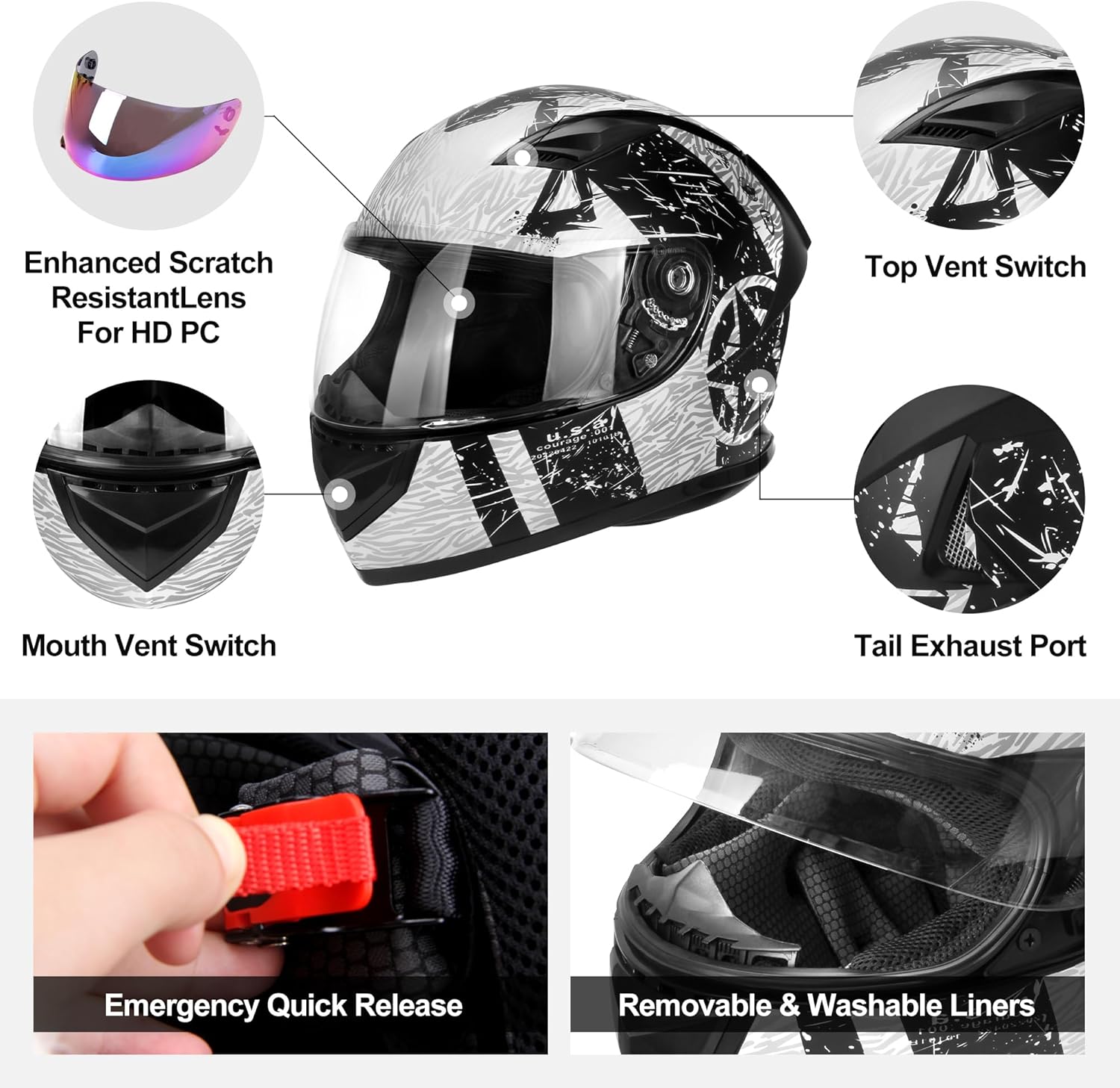 JAGASOL DOT Lightweight Full Face Motorcycle Street Bike Helmets with Extra Tinted Visor for Adults Men and Women, DOT Approved(Graphic,S)