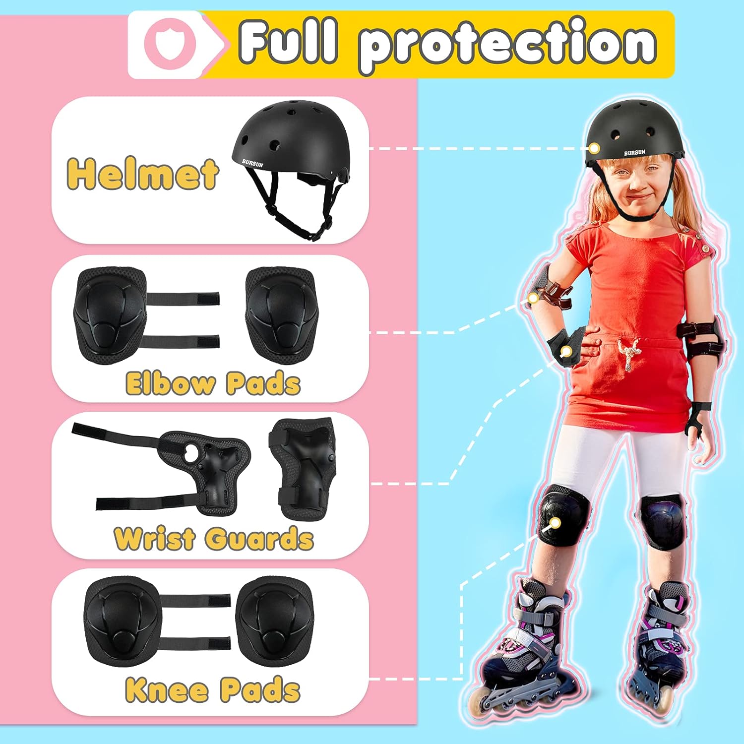 BURSUN Kids Bike Helmet Set, Adjustable Toddler Helmet for Ages 2-3-5-8-14 Kids with Knee, Elbow & Wrist Pads | Multi-Sport Helmet for Skateboard Cycling Scooter Rollerblading
