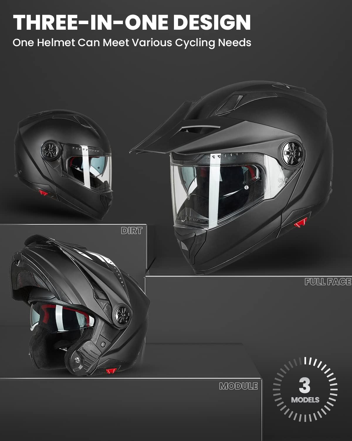 ILM Motorcycle Full Face Modular ATV Helmet Three in One Snowmobile Casco with Pinlock Anti Fog Visor for Men Women DOT Model 909F
