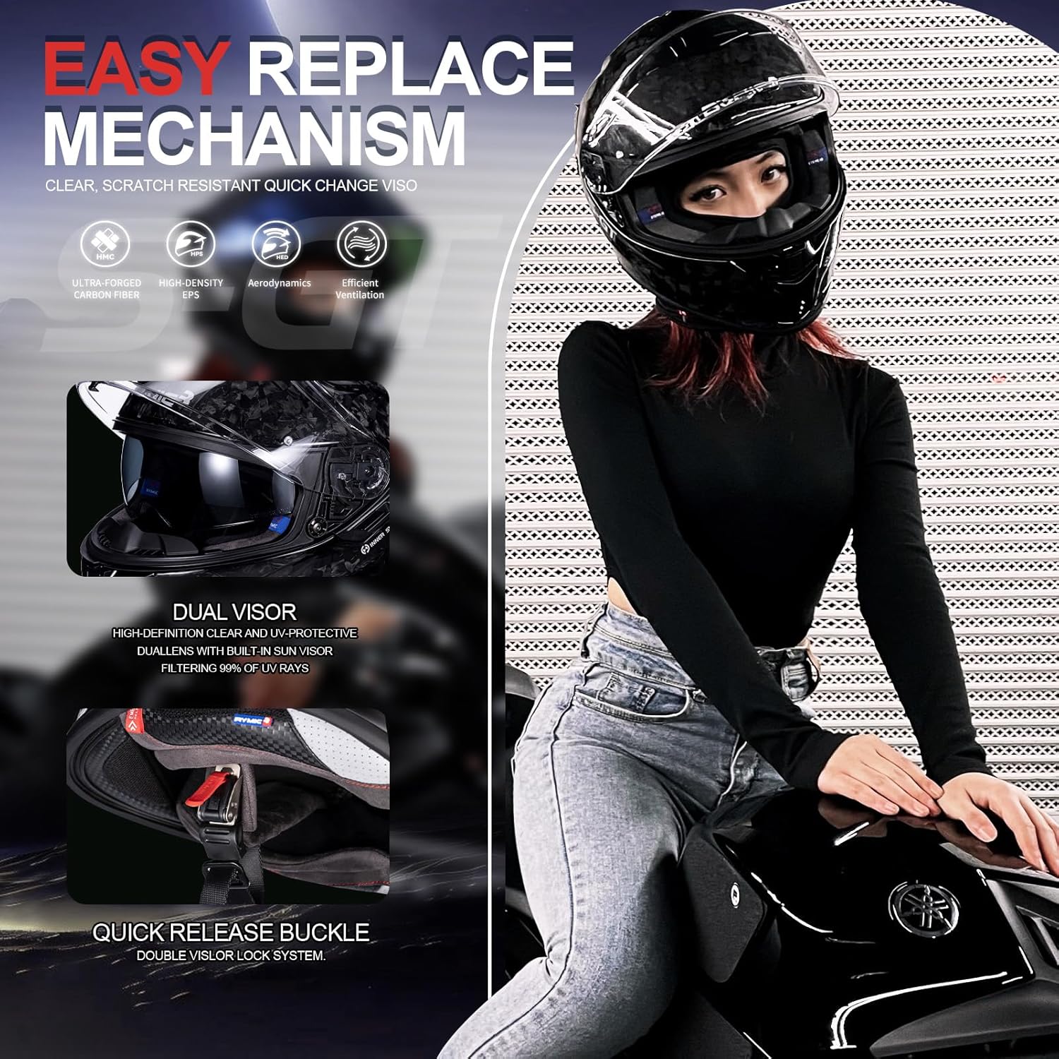 Rymic S-GT Carbon Fiber Motorcycle Helmet Full Face Racing Helmet for Adult Speaker Pockets DOT Approved