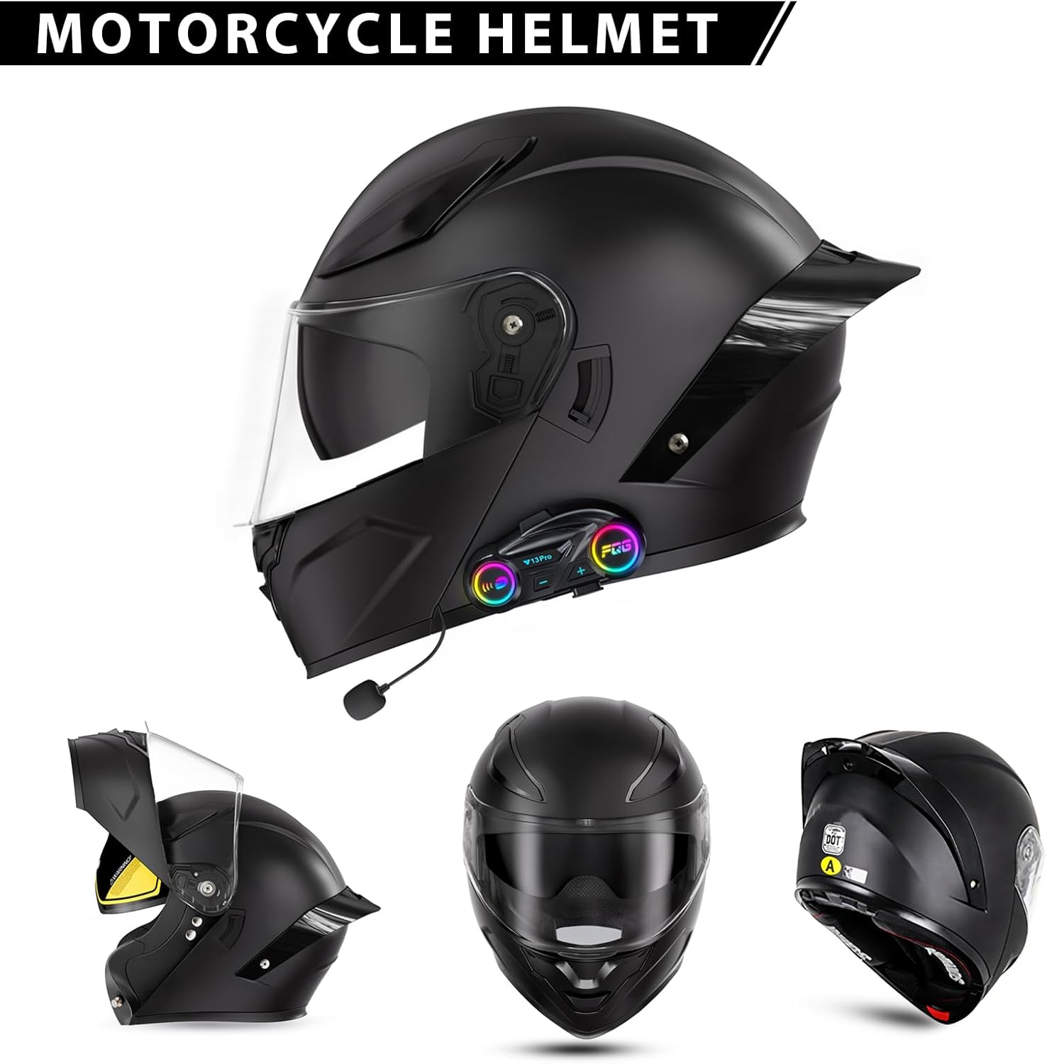 Alternative view of Bluetooth Motorcycle Helmet, Full Face Flip Up Modular Motorcycle Helmet with Bluetooth intercom headsets, DOT Approved Dual Visor Helmets