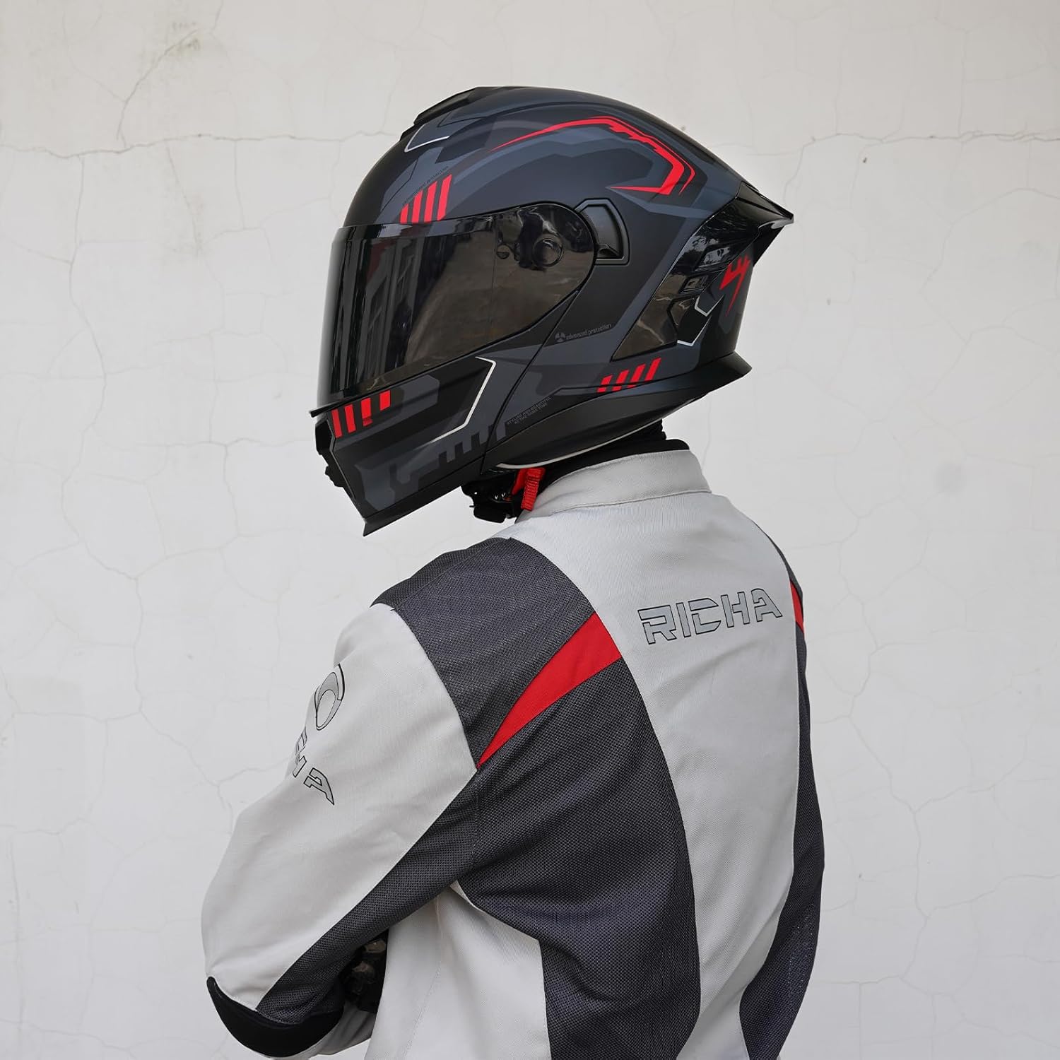 MXJ Gear Motorcycle Helmet,Motorcycle Dual Visor Flip up Modular Full Face Helmet JR-815,DOT Approved Motorbike Helmet with 2 Visors for Adults Men Women(M,Matte Red Evolve)