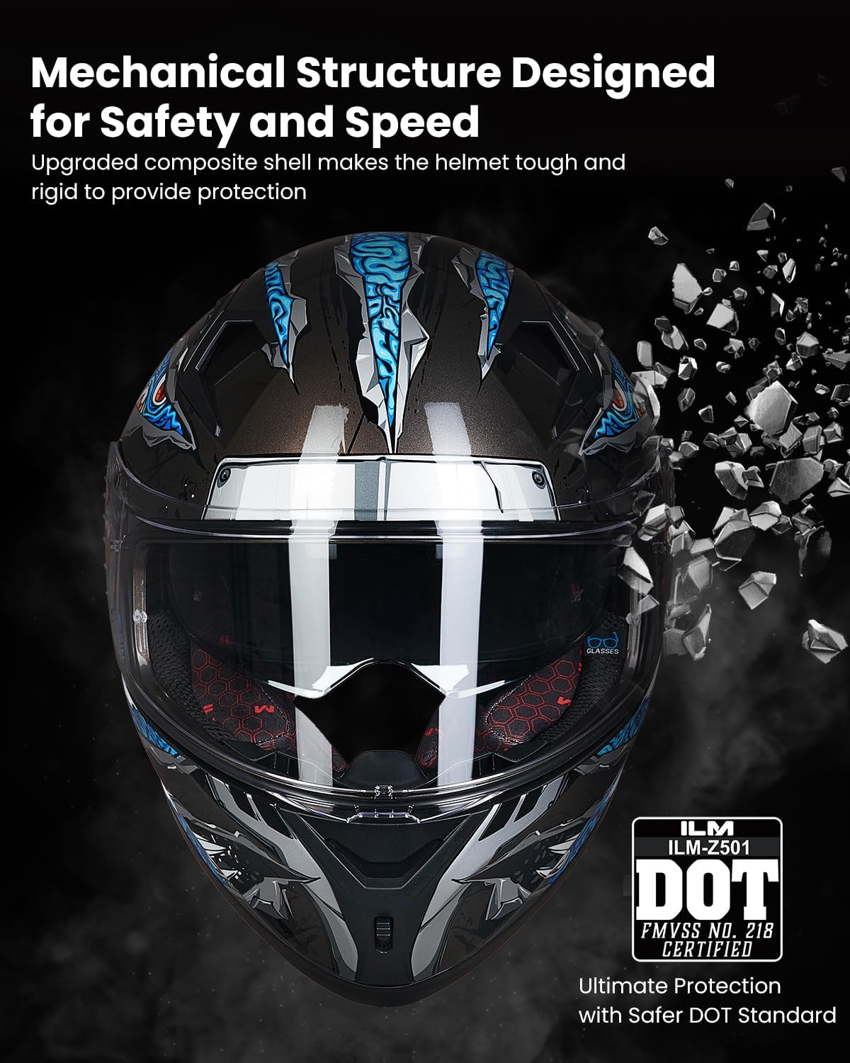 ILM Motorcycle Helmet Full Face with Pinlock Compatible Clear&Tinted Visors and Fins Street Bike Motocross Casco DOT Model Z501(Manta Blue, X-Large)