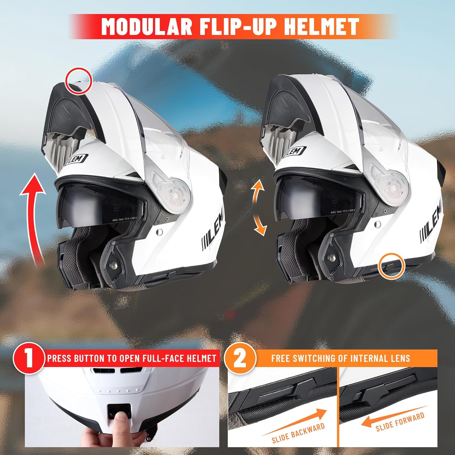 Alternative view of LEM Modular Motorcycle Helmets Fiberglass, Full Face Motorcycle Helmet Flip Up for Touring, DOT Certified, Release Sun Visor & Removable Comfort Liner, Lightweight Street Bike Helmet (White, XS)