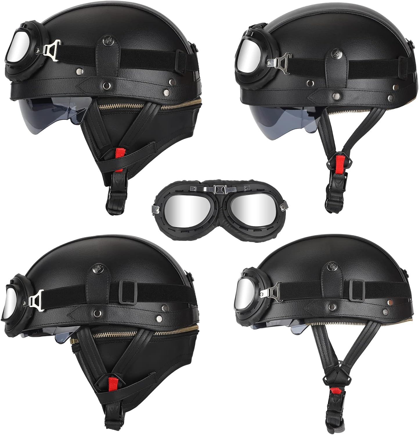 Senhill German Style Motorcycle Helmet for Adult Retro Leather Half Helmet Vintage Cap Skull Cap Open Face Helmet with Goggles for Cruiser Scooter Chopper DOT/FMVSS 218 Approved