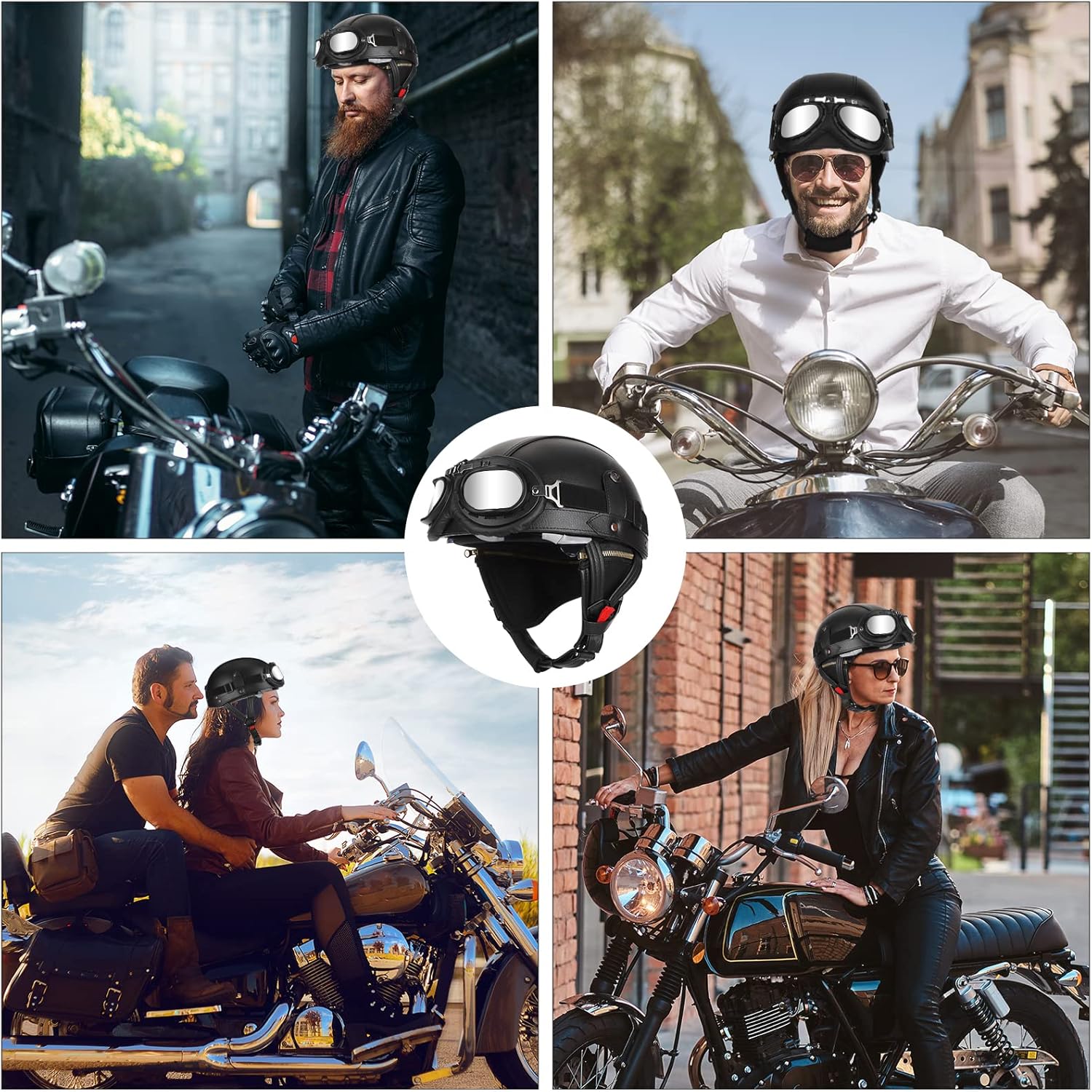 Alternative view of Senhill German Style Motorcycle Helmet for Adult Retro Leather Half Helmet Vintage Cap Skull Cap Open Face Helmet with Goggles for Cruiser Scooter Chopper DOT/FMVSS 218 Approved