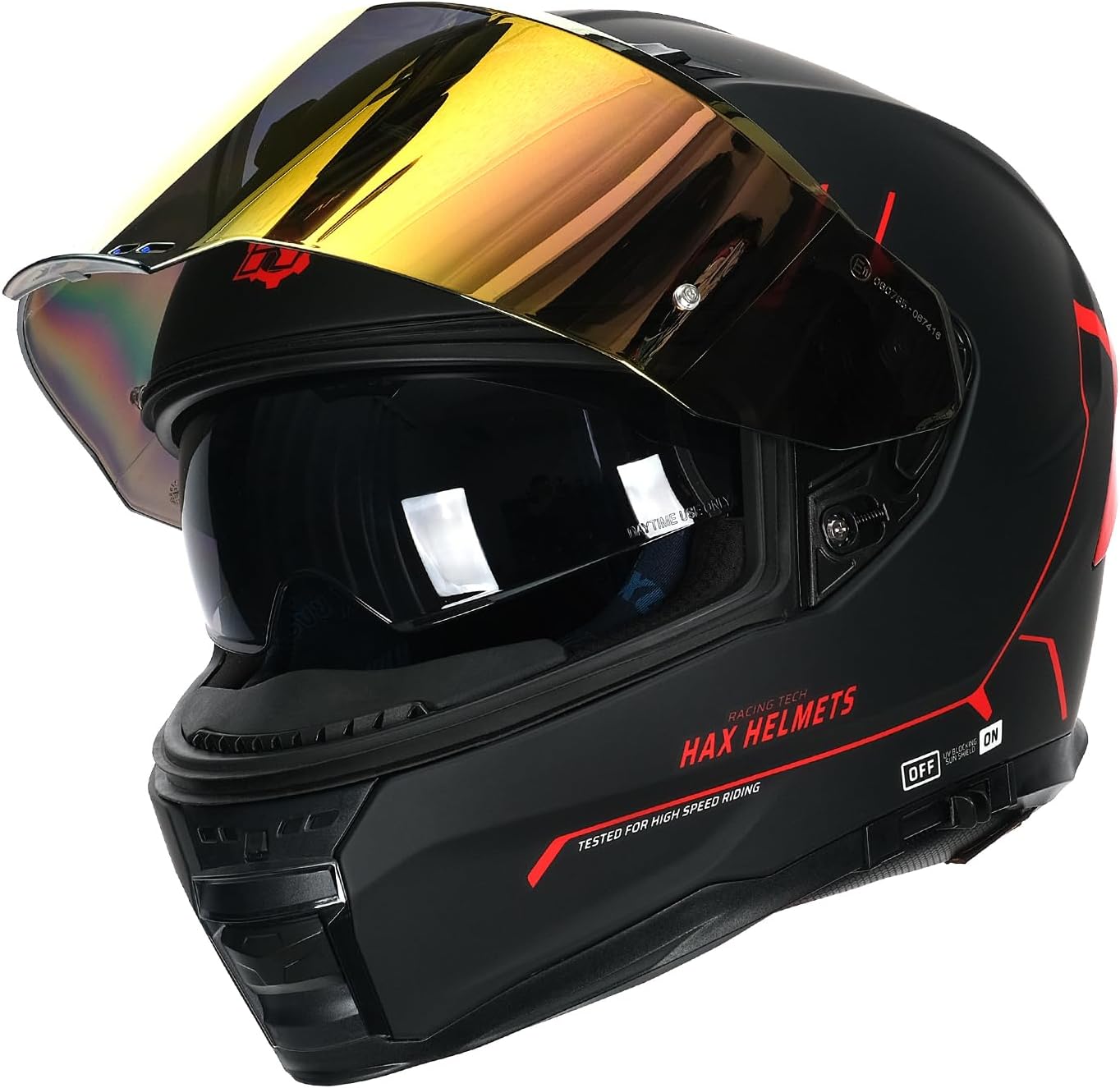 HAX Force Aerodynamic Full Face Helmet for Street & E-Bikes DOT & ECE Certified - Enhanced Dual Visor, Adult Size, Pinlock Ready Matte Black Red S
