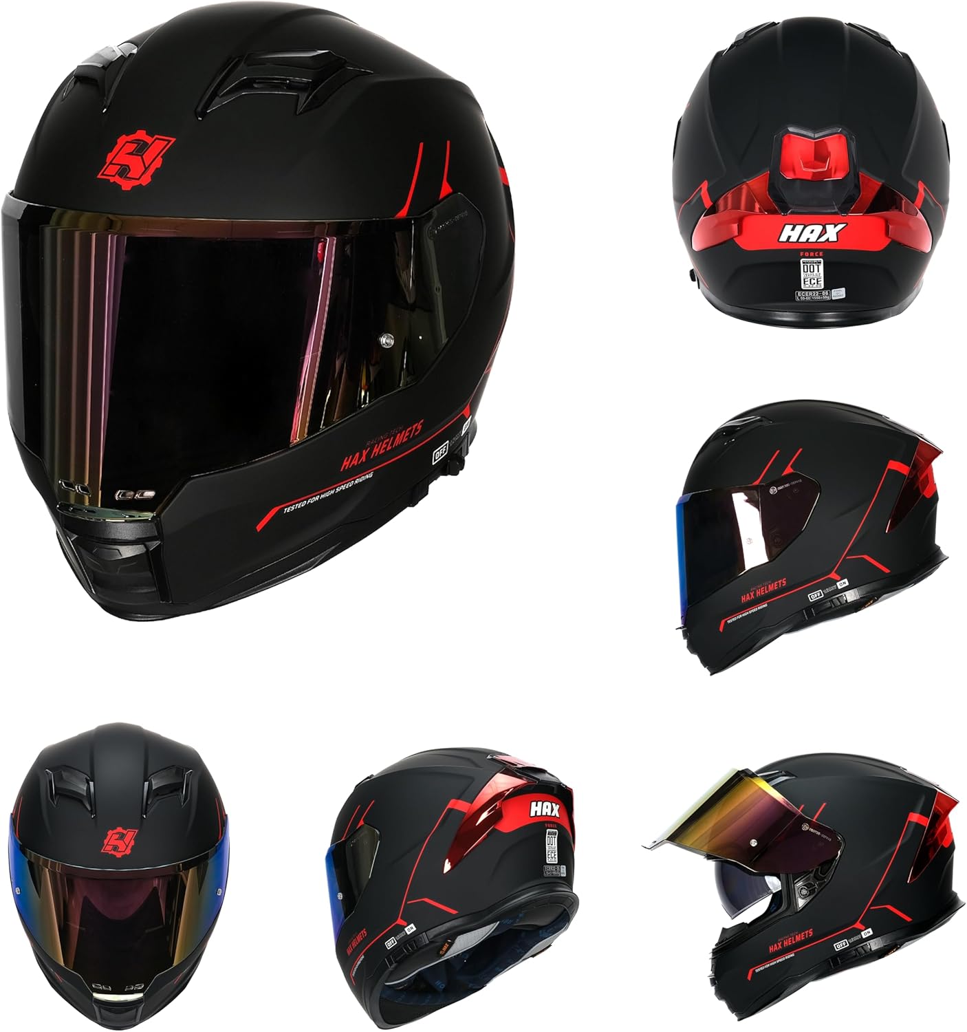 Alternative view of HAX Force Aerodynamic Full Face Helmet for Street & E-Bikes DOT & ECE Certified - Enhanced Dual Visor, Adult Size, Pinlock Ready Matte Black Red S