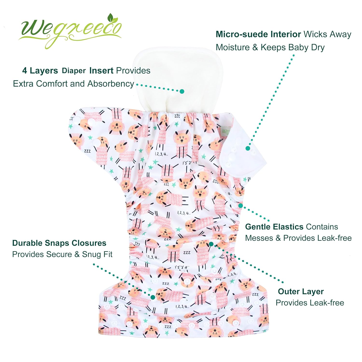 wegreeco Cloth Diapers 6 Pack with 6 Inserts & 1 Wet Bag, Washable Cloth Diapers for Babies, One Size Adjustable Reusable (Flower)