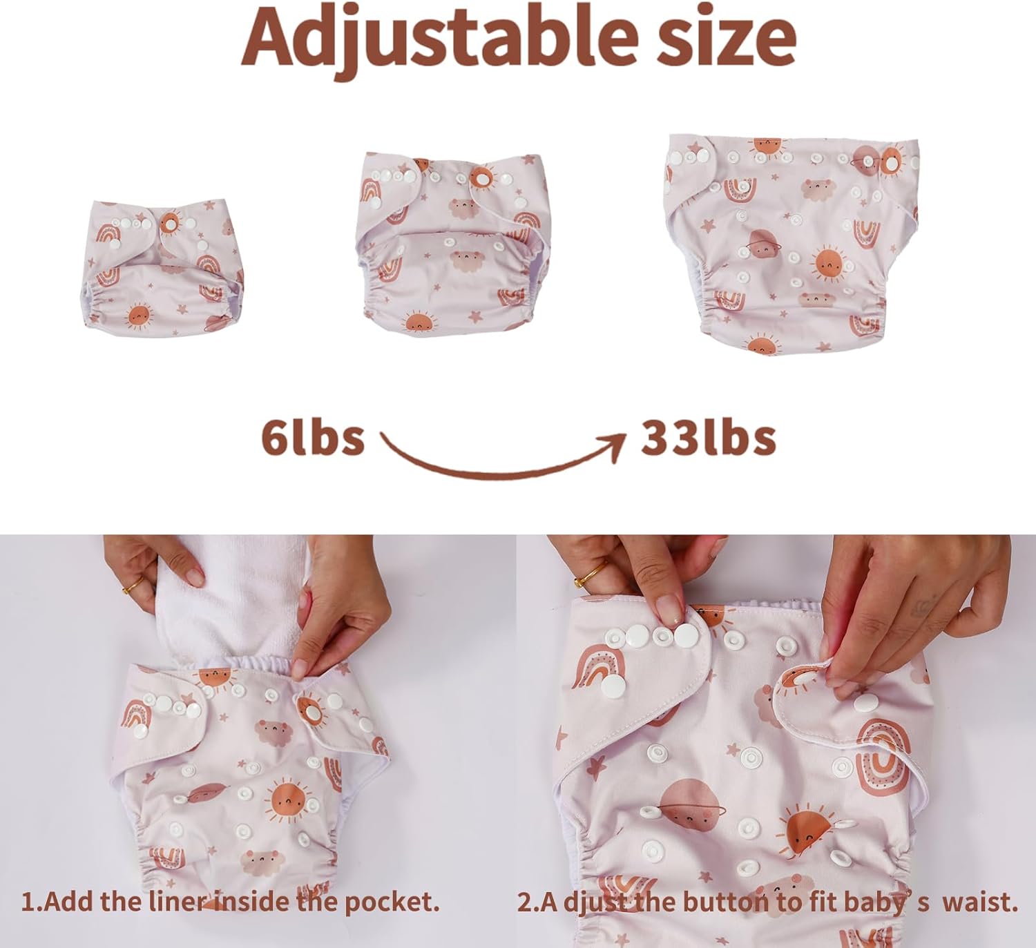 CoolaPeach 12 Set Reusable Adjustable Cloth Diapers for Newborn to 0-3 Years,One Size Washable Pocket Nappy Covers for Baby Girl and Boy,6 Pack Cloth Diapers+6pcs Microfiber Inserts(Pink)