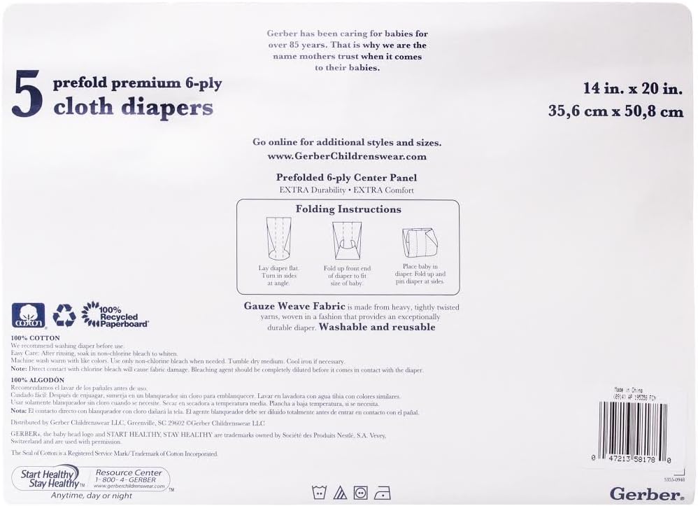 Gerber Prefold Premium 6-Ply Cloth Diapers, 5-Pack