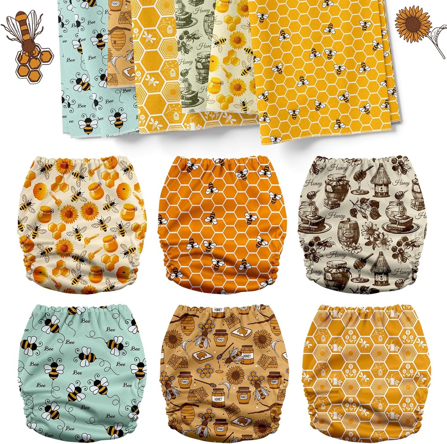 Mama Koala 3.0 Pocket Cloth Diapers for Babies with AWJ Lining, 6 Pack with 6 4-Layer Natural Cloth Diaper Inserts - Reusable and Washable Pocket Diapers(Hardworking Bees)