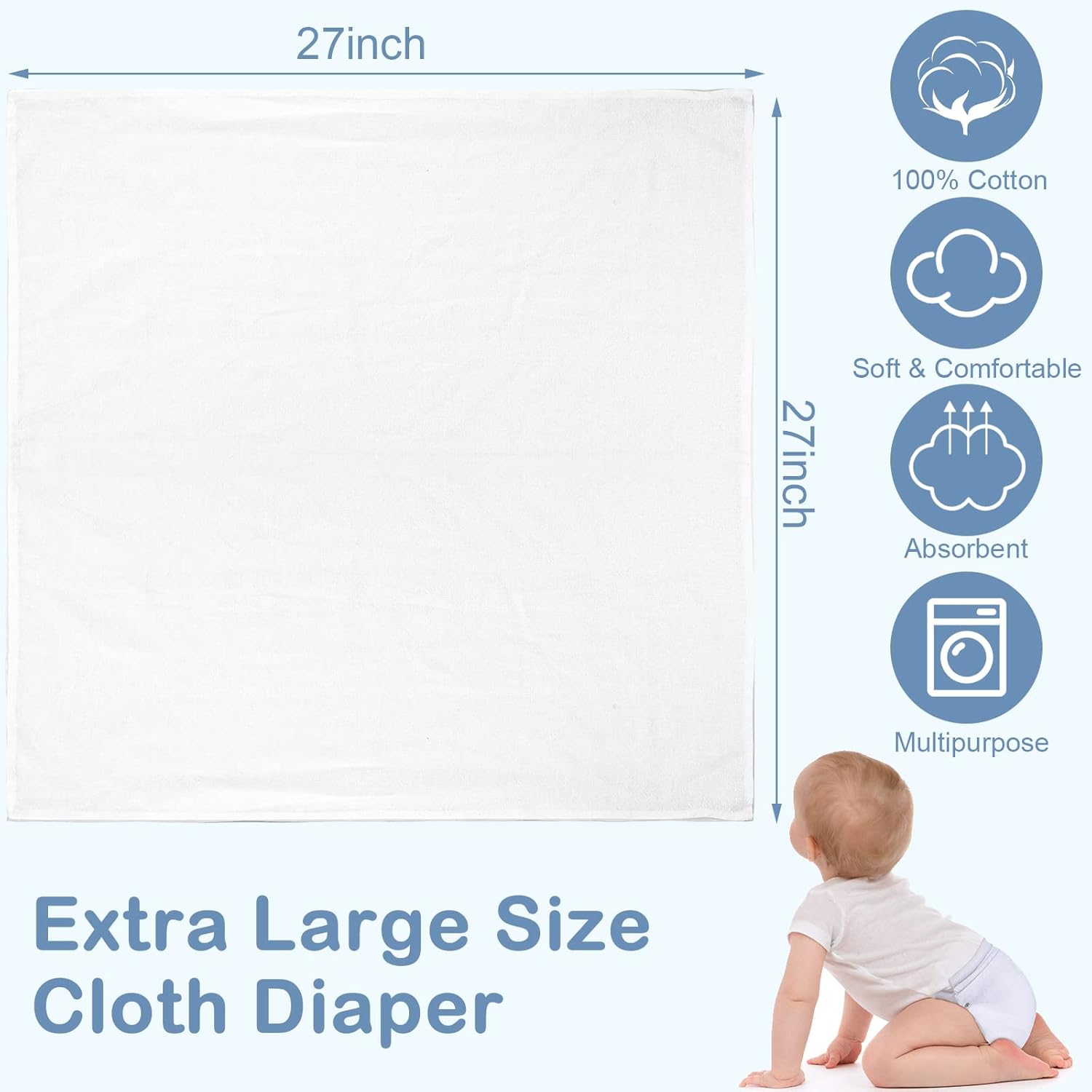 Alternative view of 50 Count Birdseye Cloth Diapers for Babies Reusable Baby Diapers Cloth Large 27 x 27 Inch Cotton Baby Reusable Burp for Babies Boy Girl Toddlers