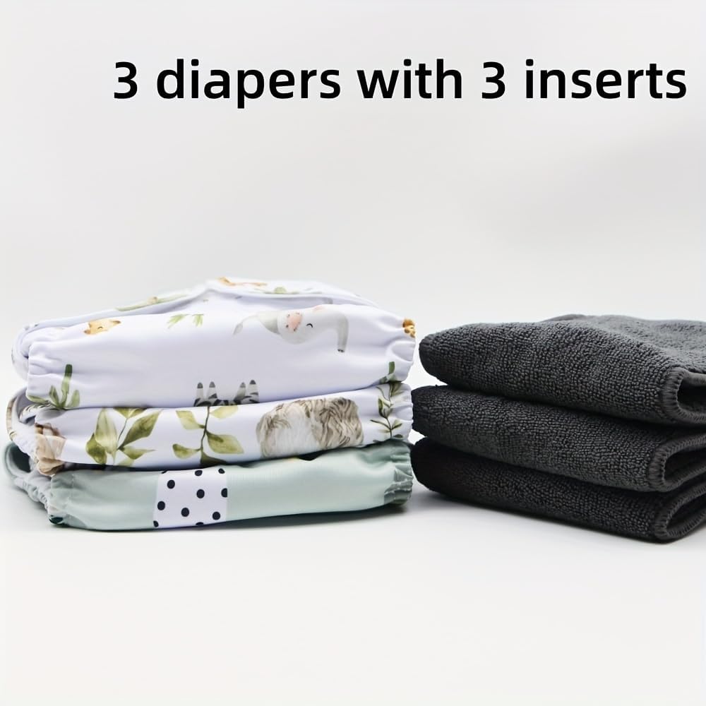 Asenappy 3 pcs Hook and Loop Fasteners Design Baby Reusable Cloth Diapers with 3 Microfier Inserts (Animals Prints)