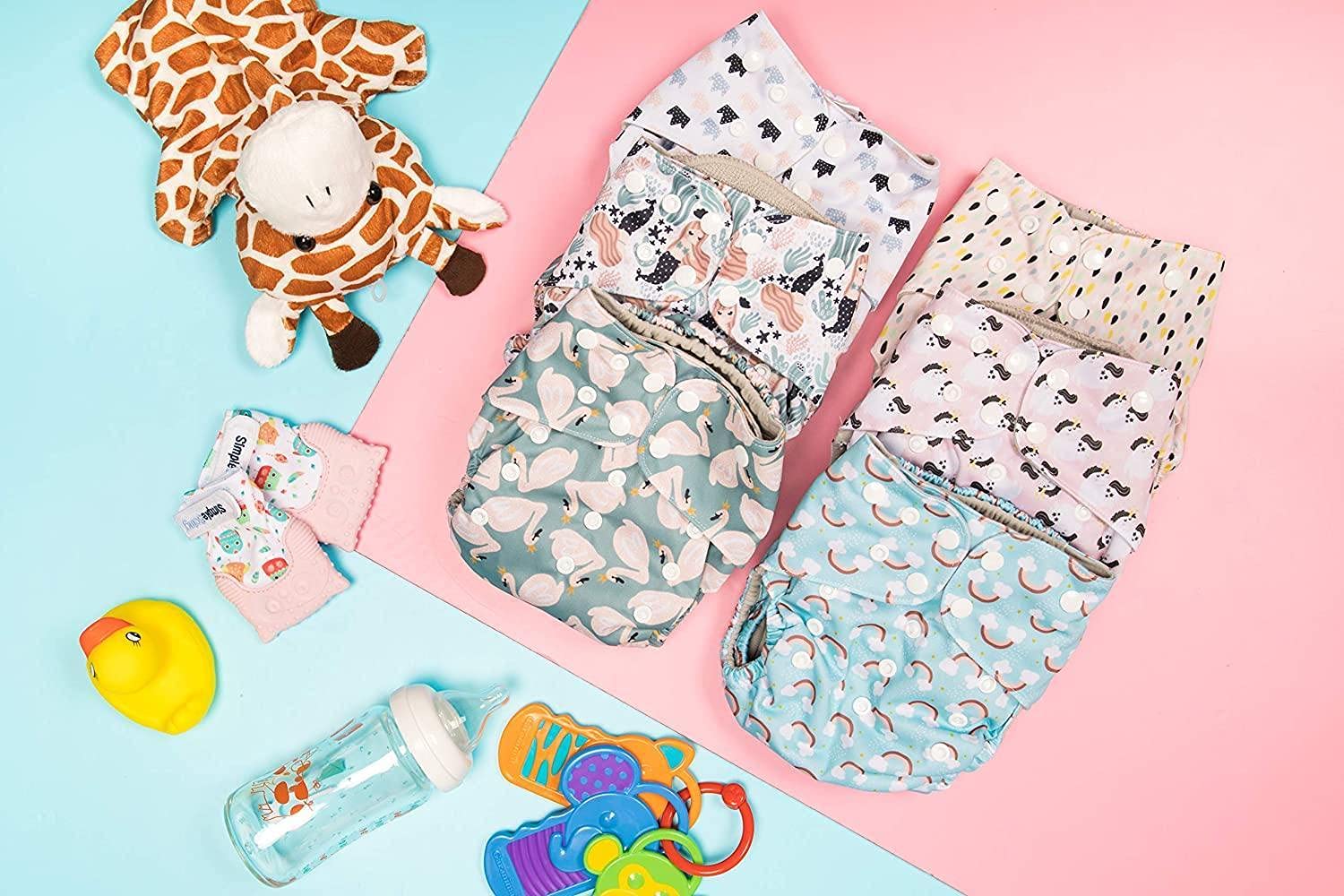 Simple Being Reusable Cloth Diapers- One Size Adjustable, Washable Soft Absorbent, Waterproof Cover, Eco-Friendly Unisex Baby Girl Boy, six 4-Layers Microfiber Inserts (Whimsical)