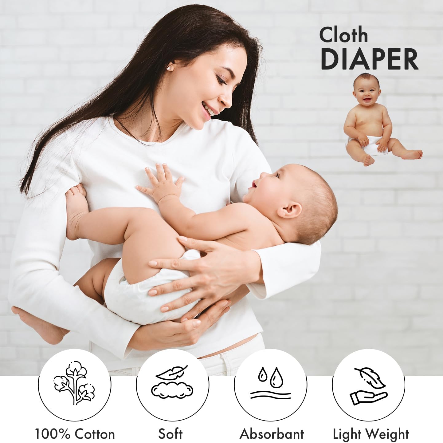 RUVANTI Unisex Birdseye Flat-Fold Cloth Diapers for Babies 3 Pack, 100% Cotton Reusable Diaper Inserts 23x23 Inches, White