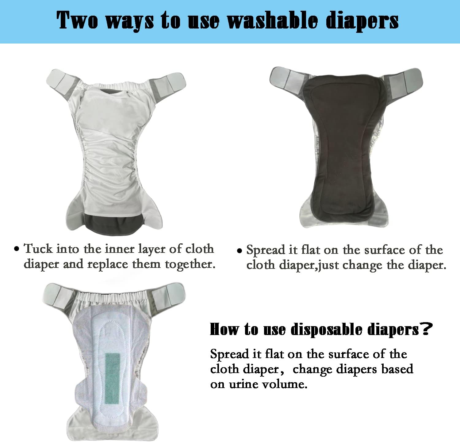 Alternative view of 3 Pack Adult Cloth Diapers with Oversized Diaper Inserts, TPU Waterproof Nappy Reusable Washable Elderly Incontinence Care Protection Nappies Underwear for Men or Women, Waist 23.6-35.4 Inches (M)