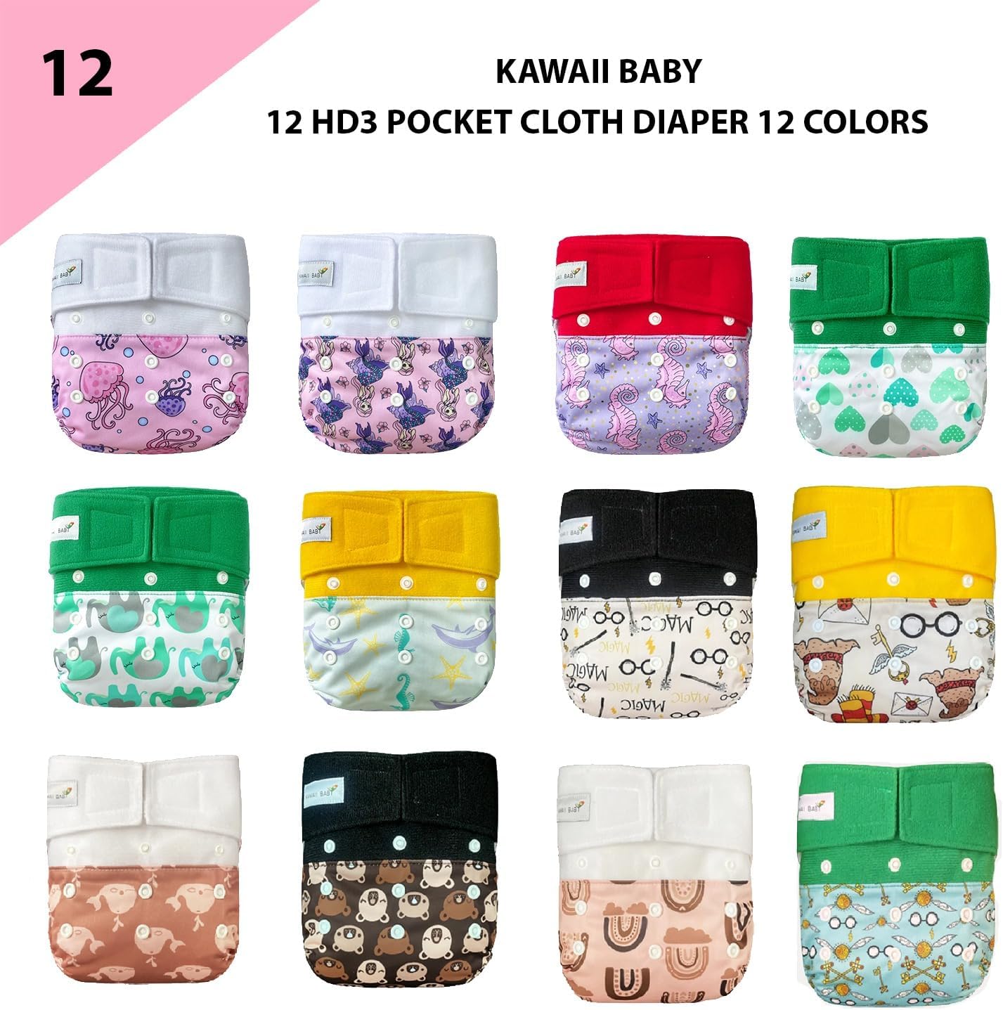 12 KaWaii Baby One Size HD3 Cloth Diapers + 24 One Size Stay-Dry Super Absorbent Inserts 8-36 pounds Unisex - Best Daycare Cloth Diaper