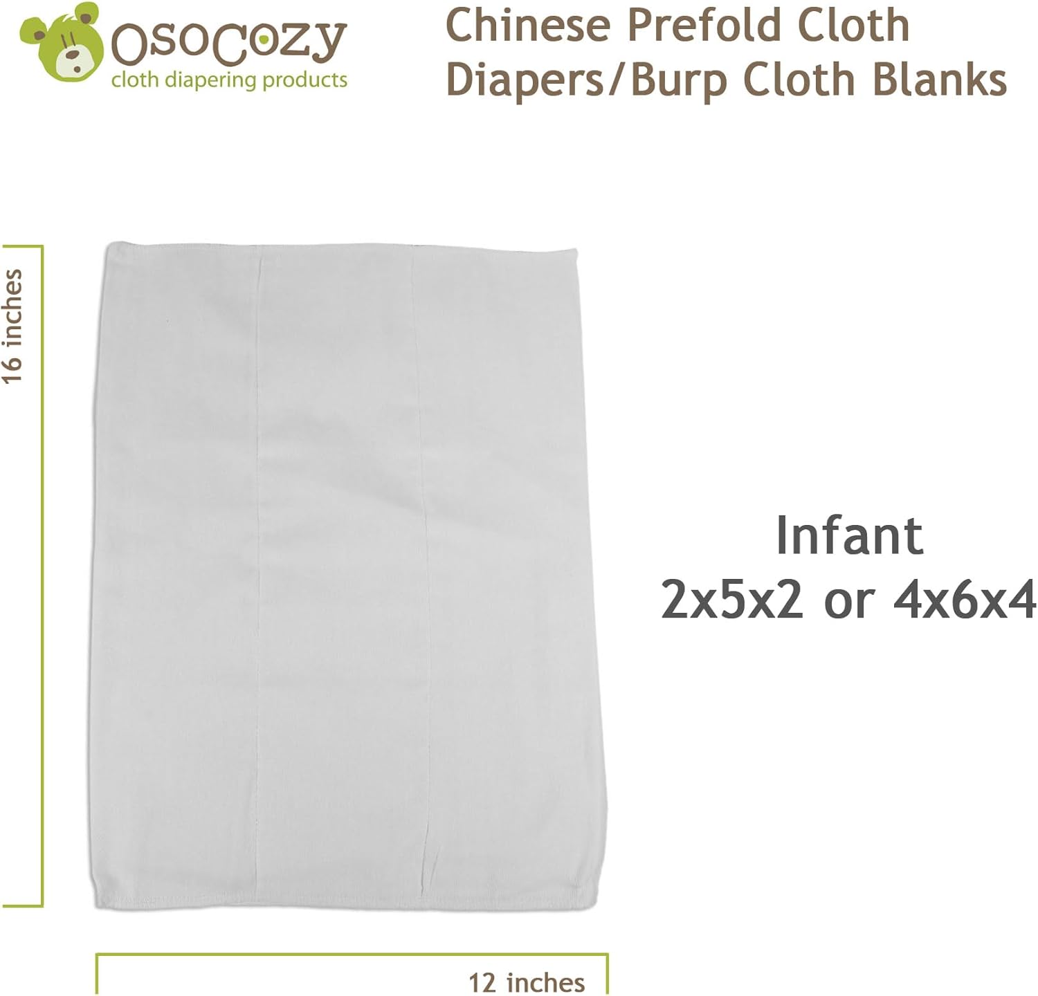 Alternative view of OsoCozy - Chinese Prefolds Cloth Diapers 1 Dozen - Perfect for Burp Cloths or Diapers. Soft and Absorbent for Baby Made of 100% Cotton- Fits 7-15 Lbs. - Size: Infant 4x6x4, 12x16 inches.