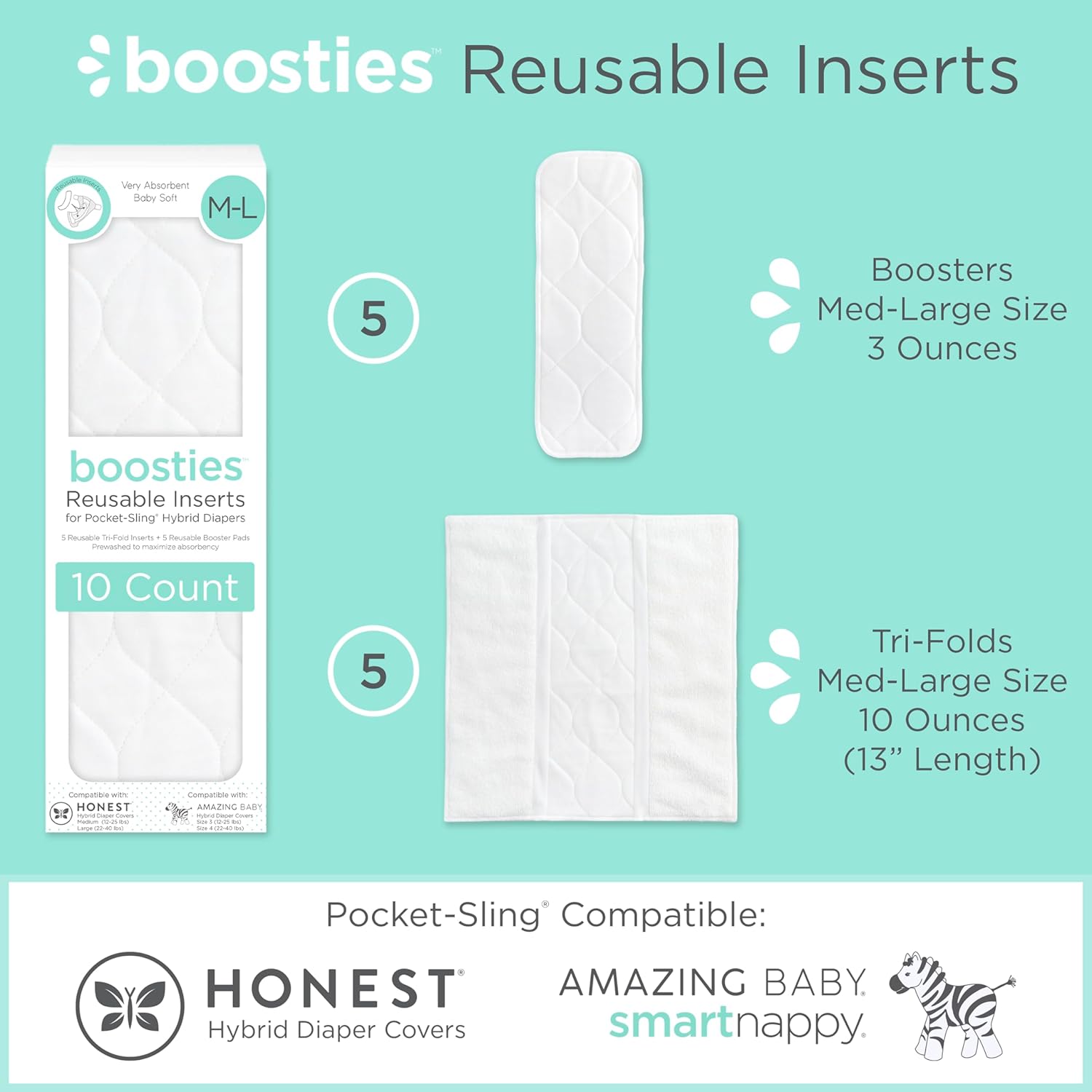 Alternative view of Super Boosties Cloth Diaper Reusable Inserts, Set of 10, Fits Amazing Baby and Honest Hybrid Diaper Cover, 5 Tri-fold & 5 Boosters, Med/Large (13" Length)