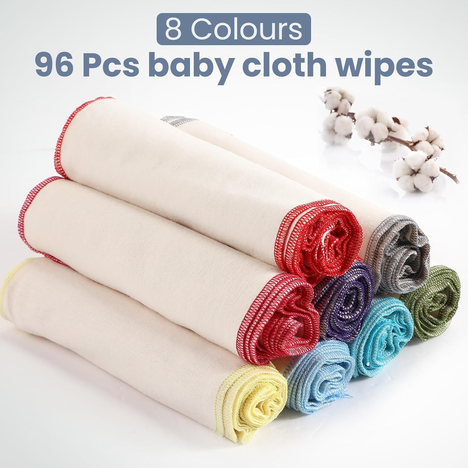 Alternative view of Mixweer 96 Pcs Flannel Cloth Baby Wipes Reusable Baby Diapers Wipes Washable Natural Unbleached Face Wipes Soft and Sturdy Cloth Wipes 8 Colors Outer Stitching 8 x 8 Inches