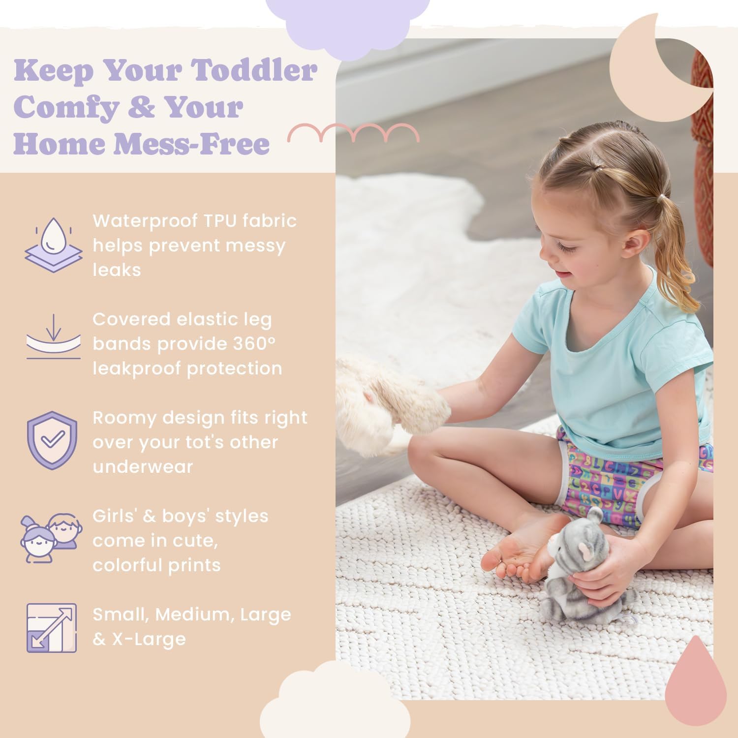 Waterproof Plastic Underwear for Potty Training, 6-Pack - Super-Soft Cloth Diaper Covers with Ultra-Thin TPU Inner Layer to Prevent Leaks - Reusable - Multicolor Prints