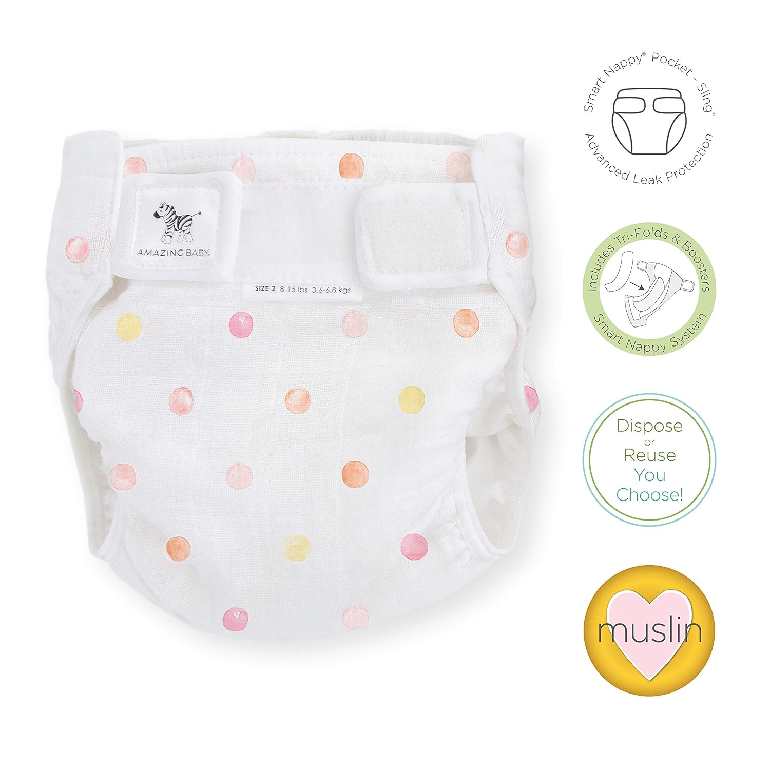 Amazing Baby Hybrid Cloth Diaper Cover with Pocket-Sling, Small, Sz 2 (8-15 lbs), Use with Boosties Inserts, Pink Watercolor Dots, SmartNappy Set includes Muslin Cover + Tri-fold Insert + Booster Pad