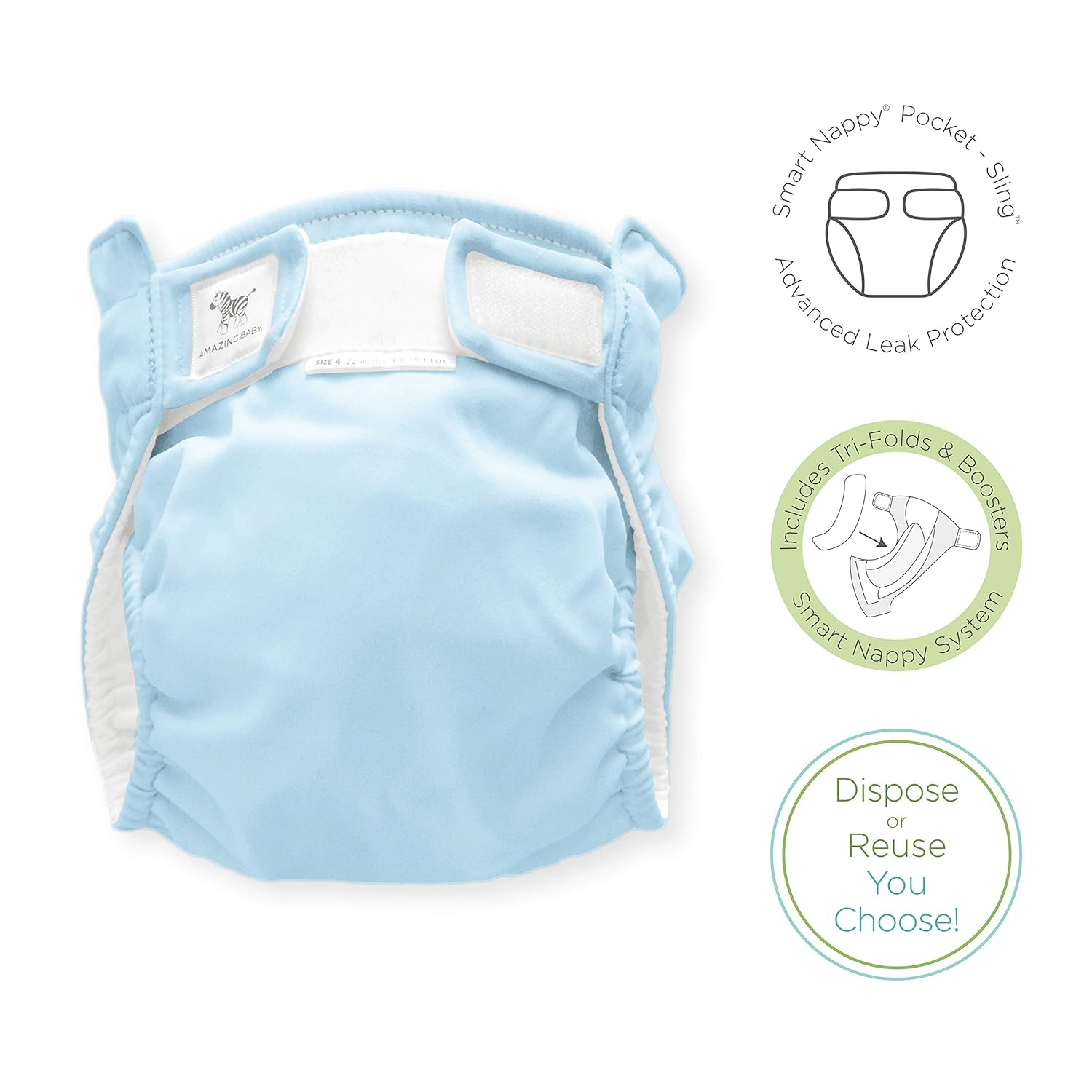 Amazing Baby Hybrid Cloth Diaper Cover with Pocket-Sling, Large, Sz 4 (22-40 lbs), Use Boosties Inserts, Pastel Blue, SmartNappy Set includes Swim Cover + Tri-fold Insert + Booster Pad