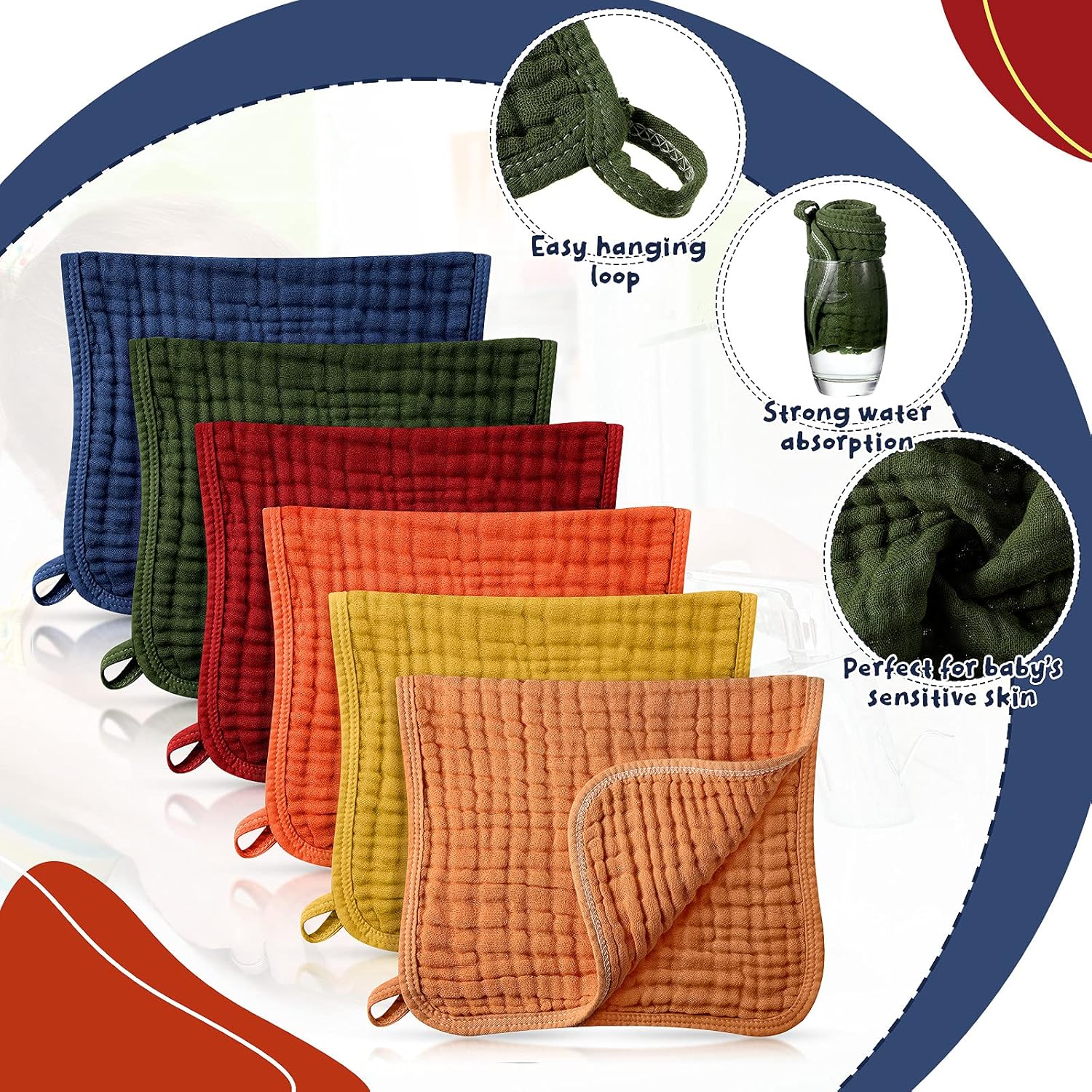 Alternative view of Irenare 6 Pack Muslin Burp Cloths Cotton Baby Burping Rags Large 20 x 10 Inch 6 Layers Spit up Rags Soft Absorbent Multicolor Wash Cloths Diapers for Newborn Baby Girl Boy (Multicolored)