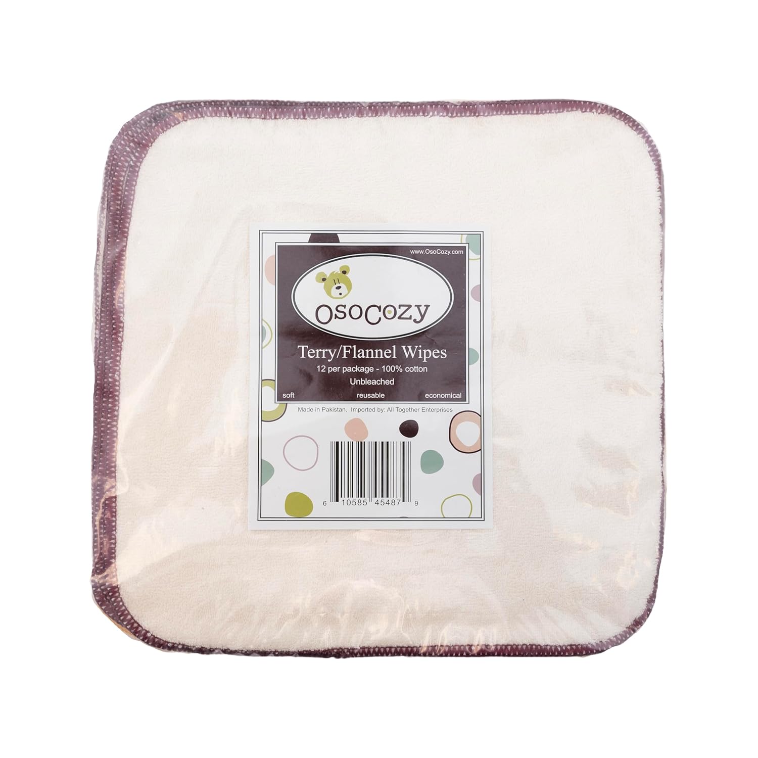 Alternative view of OsoCozy Terry Flannel Baby Wipes. Two Layered. Terry Velour on a Flannel Backing. Unbleached Ivory Color, 100% Cotton. 3 Attractive Stitching Colors Per Pack - 12 per Pack.