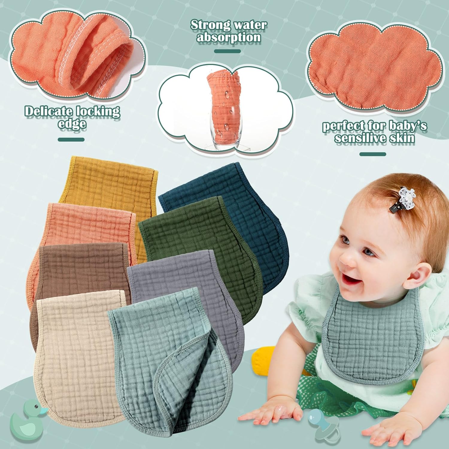 Alternative view of Frienda 8 Pack Muslin Burp Cloths for Baby Large 20 x 10 Inch Cotton Burp Rags for Spit up Drool Absorbent Soft Multicolor Wash Cloths Diapers for Newborn Girl Boy Essential Shower Gift(Vivid Color)