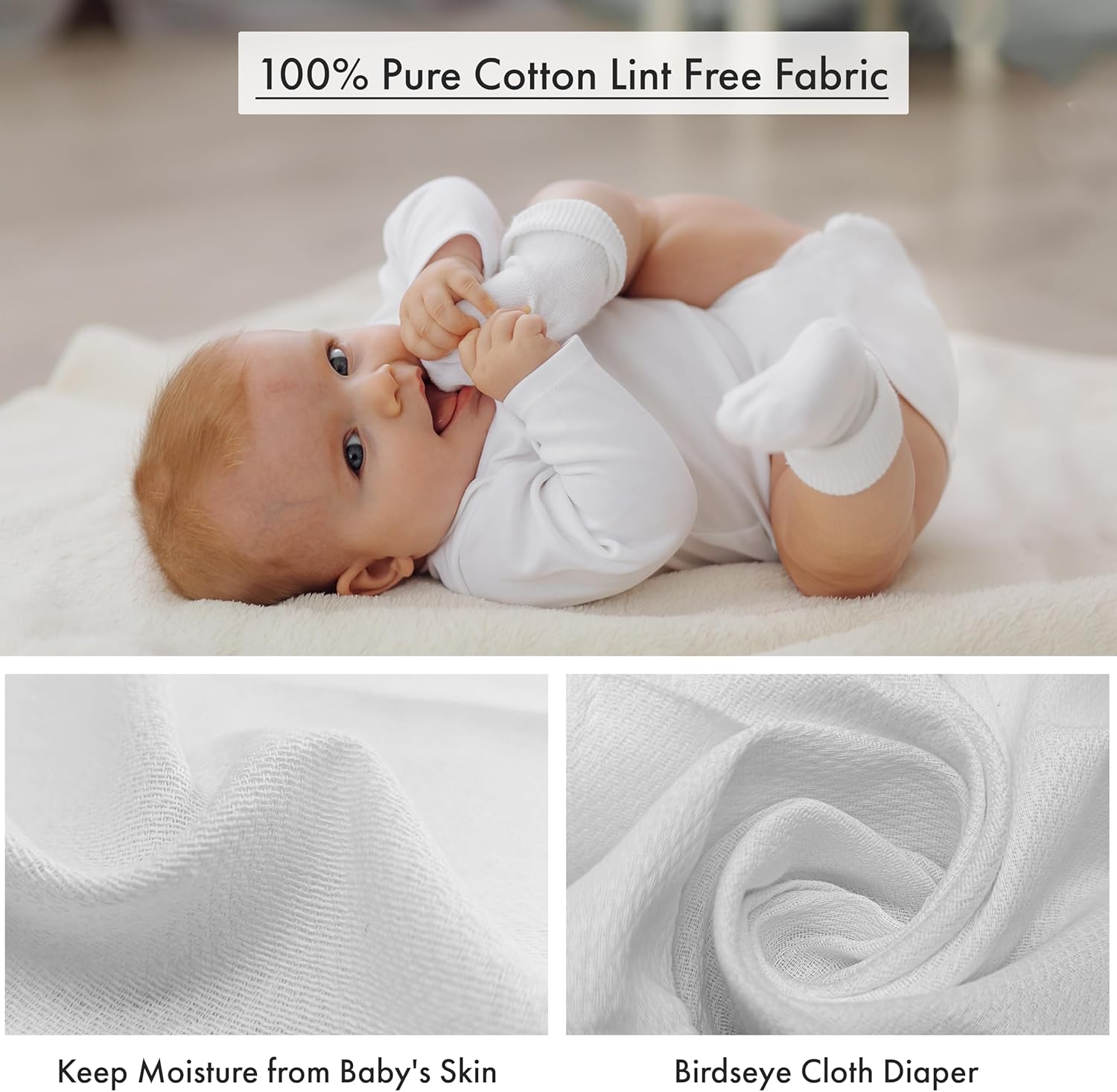 Alternative view of RUVANTI Unisex Birdseye Flat-Fold Cloth Diapers for Babies 10 Pack, 100% Cotton Reusable Diaper Inserts 23x23 Inches, White