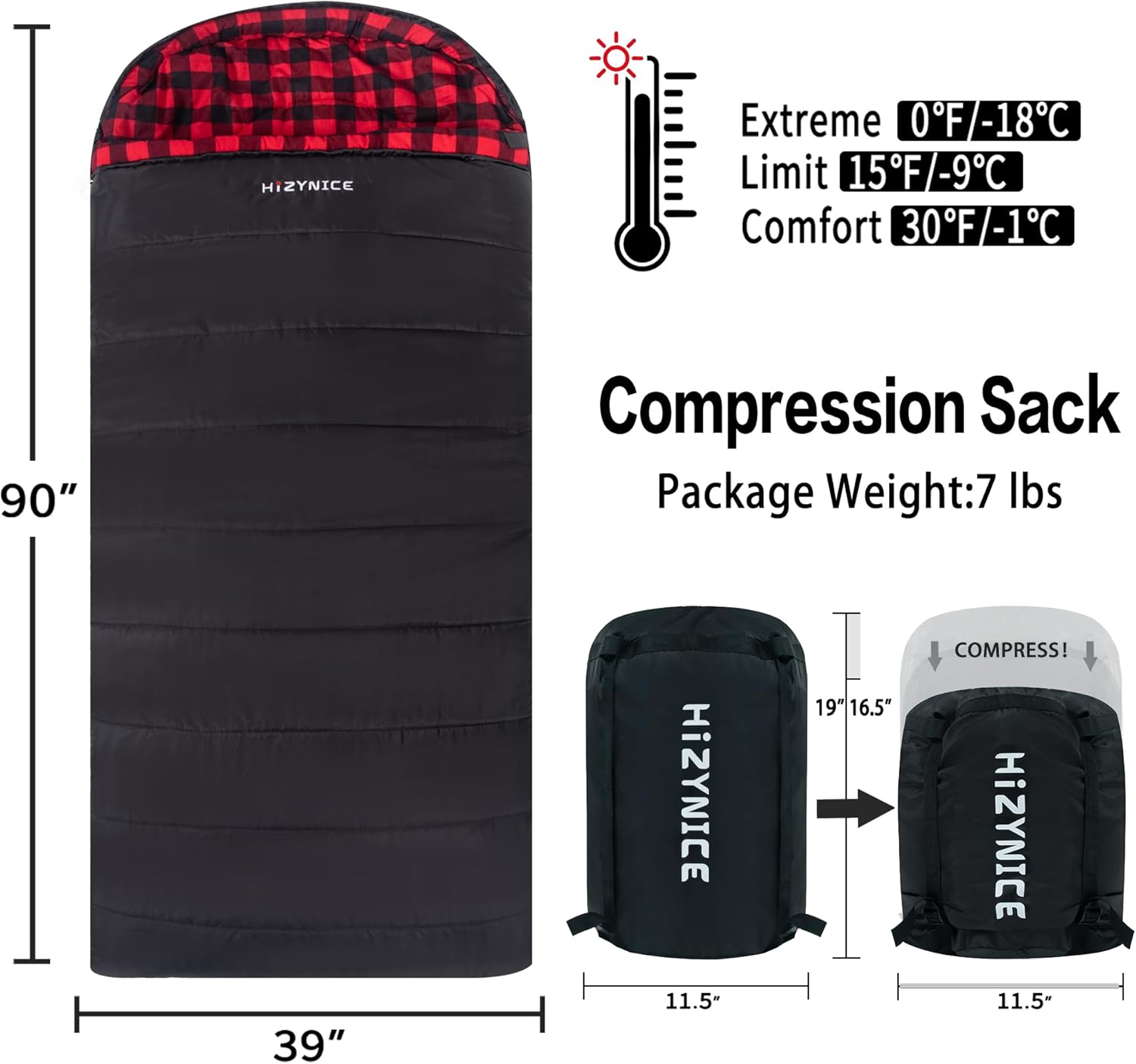 HiZYNICE Cold Weather Sleeping Bag 100% Cotton Flannel XXL for Adults Big and Tall,Free Compression Sack