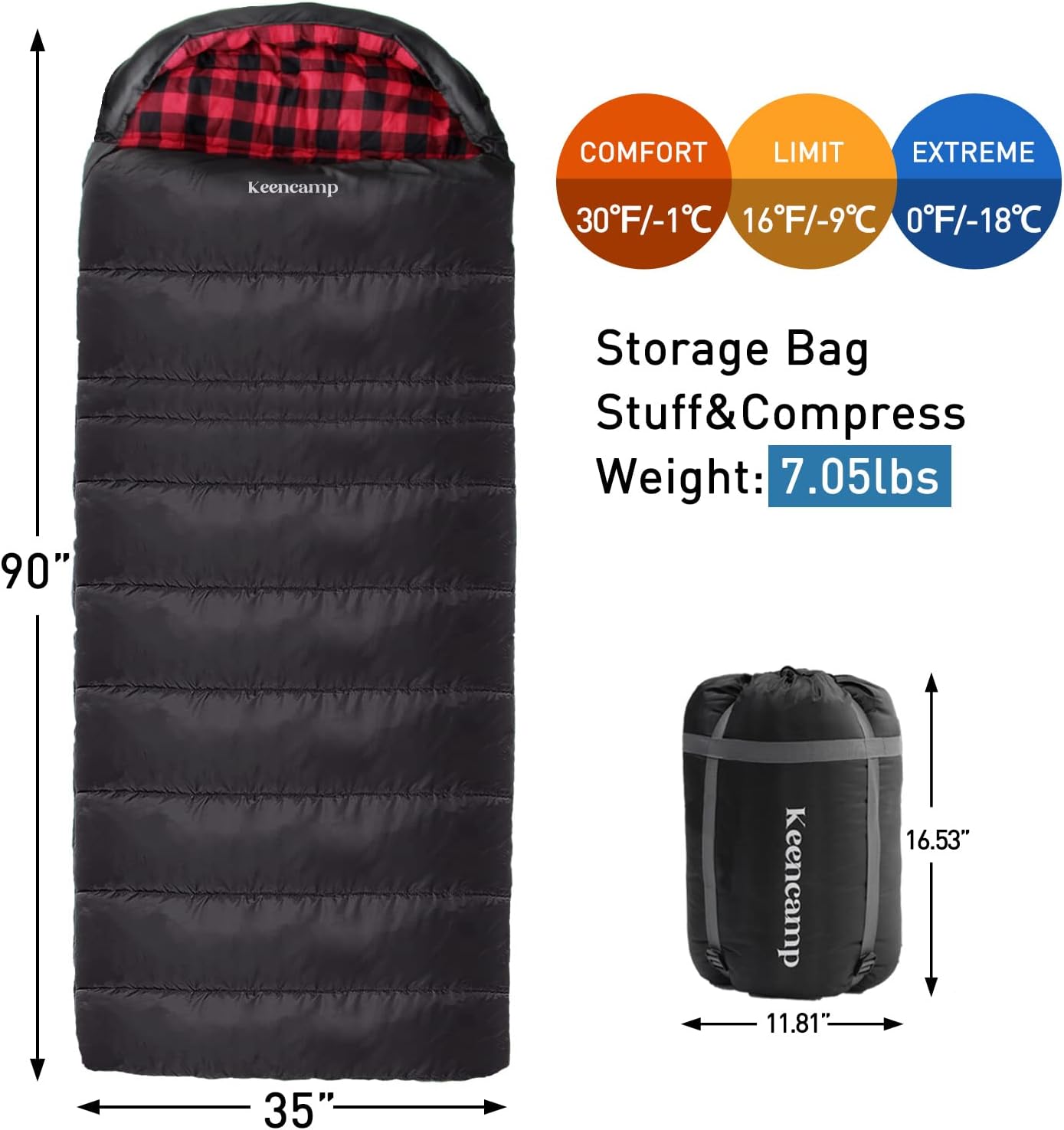 Keencamp 0 Degree Sleeping Bag Cotton Flannel Winter Cold Weather for Adults XXL Sleeping Bag 4 Season Big and Tall with Pillow Compression Sack