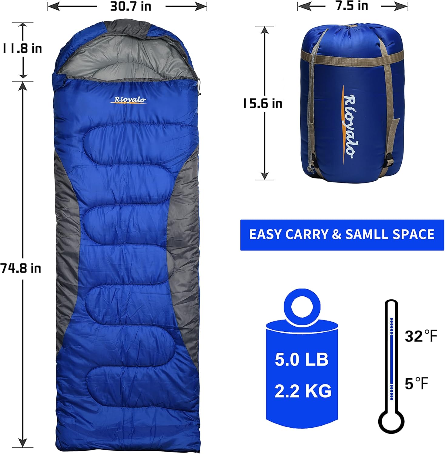 0 Degree Winter Sleeping Bags for Adults Camping (450GSM) - Temp Range (5Fu201332F) Portable Waterproof Compression Sack- Camping Sleeping Bags for Big and Tall in Env Hoodie: Backpacking Hiking 4 Season