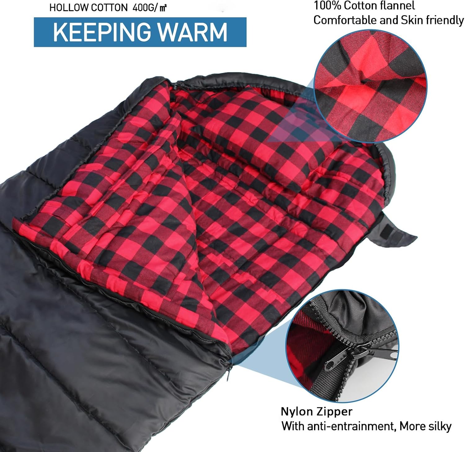 Alternative view of Keencamp 0 Degree Sleeping Bag Cotton Flannel Winter Cold Weather for Adults XXL Sleeping Bag 4 Season Big and Tall with Pillow Compression Sack