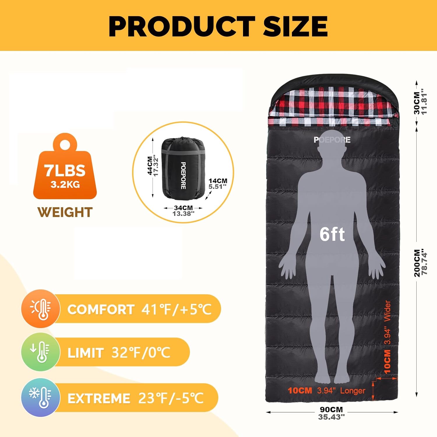 POEPORE Flannel Sleeping Bag Cotton 0 Degree Cold Weather for Adults XXL Sleeping Bag 4 Season Big and Tall with Compression Sack