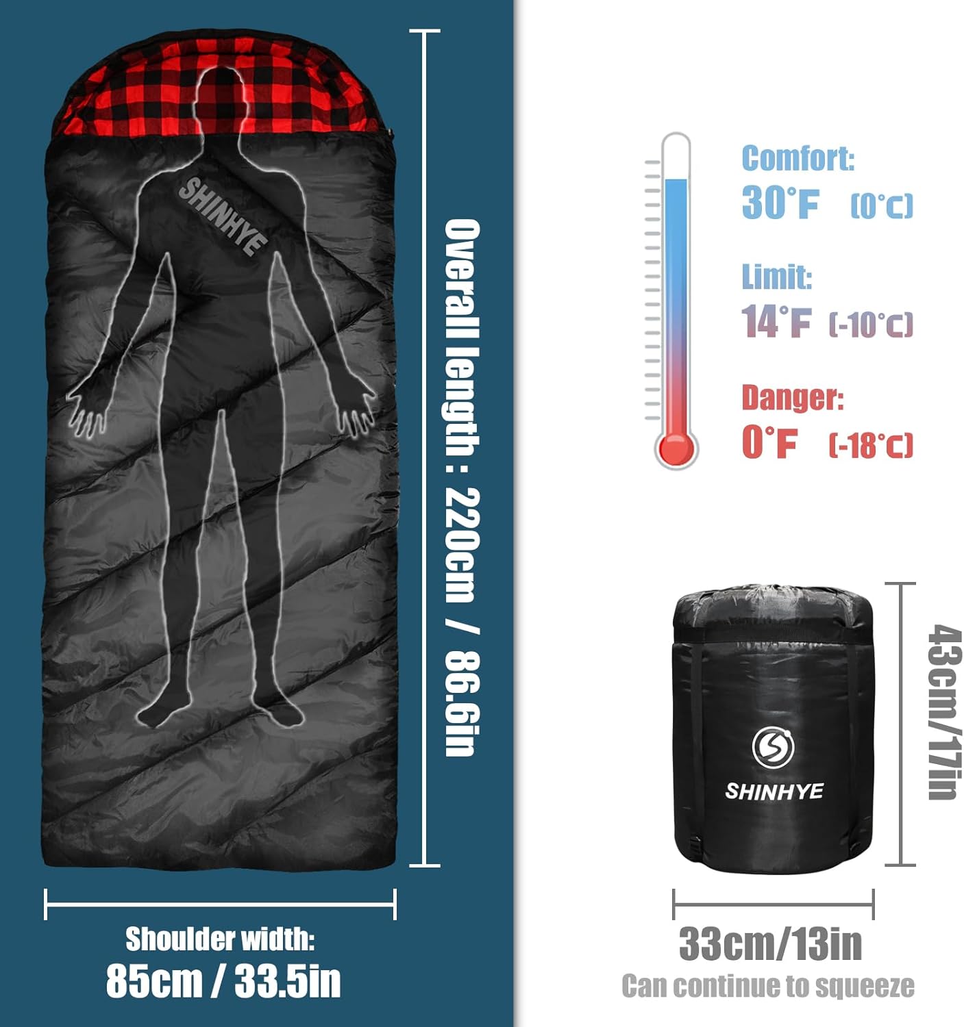 ShinHye 0 Degree Sleeping Bag for Adults - Cotton Flannel 4 Season Cold Weather Winter, XXL Big and Tall Camping Sleeping Bag with Compression Sack